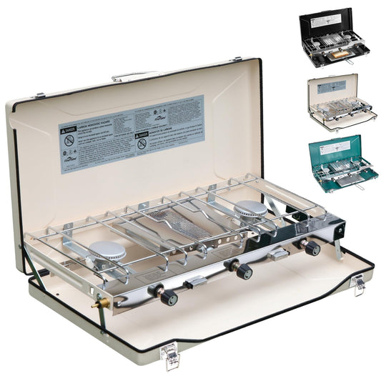 Camping Stove, 3 Burners Propane Portable Camp Stove with Regulator, Push-Button Instant Ignition, Adjustable Burners & Wind Guards for Car BBQ Picnics Outdoor Cooking (BEIGE-20400 BTUs)