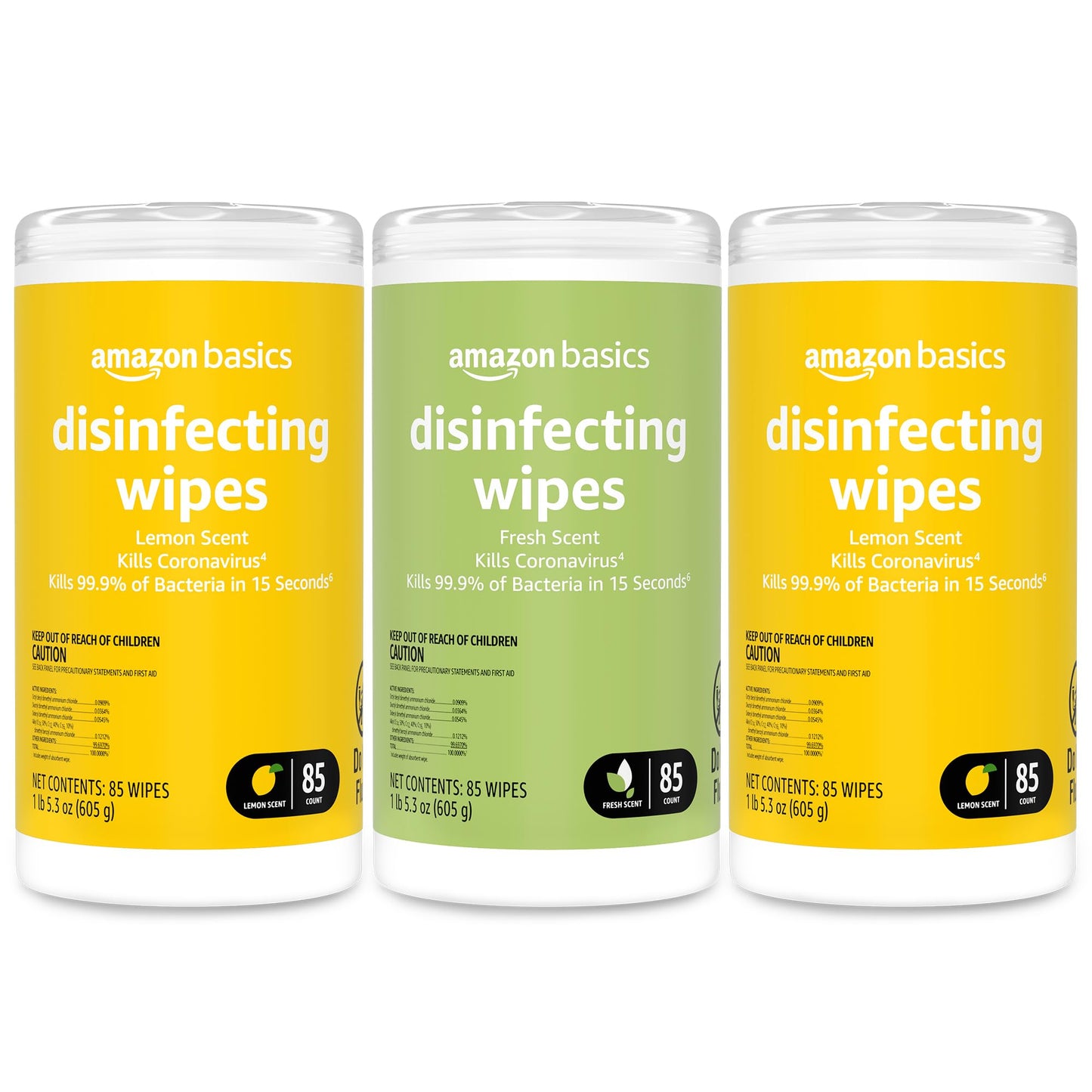 Amazon Basics Disinfecting Wipes, Lemon & Fresh Scent, Sanitizes, Cleans & Deodorizes, 255 Count (3 Packs of 85)