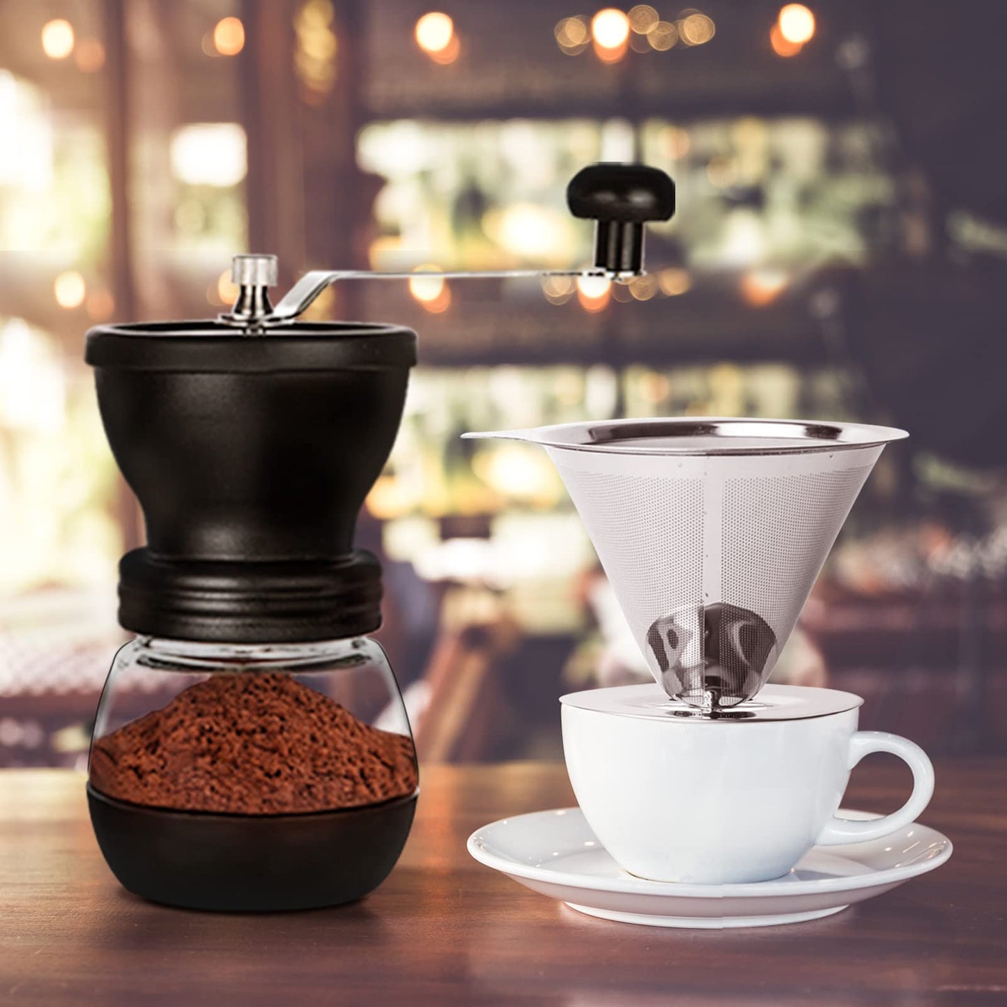 PARACITY Manual Coffee Bean Grinder with Ceramic Burr, Hand Coffee Grinder Mill Small with 2 Glass Jars( 11OZ per Jar) Stainless Steel Handle for Drip Coffee, Espresso, French Press, Turkish Brew