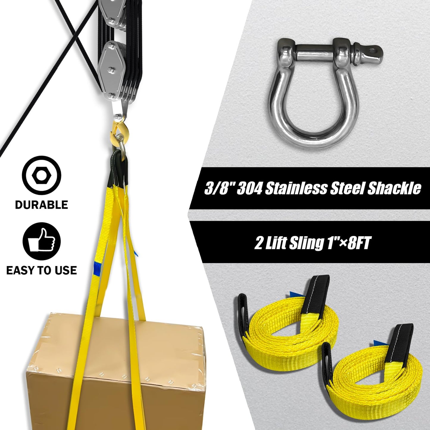 Rope Hoist Pulley System, 4400LB Pulley Block and Tackle, 8:1 Ratio Lifting Power 65ft, Heavy Duty Pulley Block for Lifting Pulling (with 2PCs Straps)