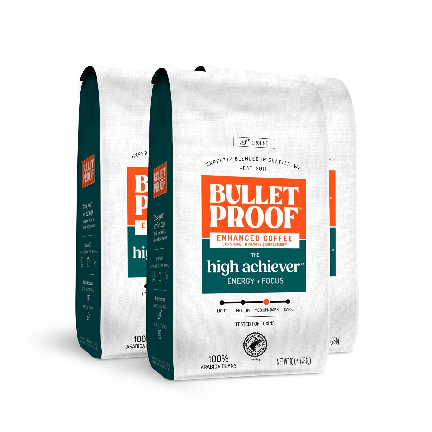 Bulletproof The High Achiever Ground Coffee, 10 Ounces, Medium-Dark Roast Enhanced Coffee with Lion's Mane Mushroom, B Vitamins, and Adaptogens for Energy and Focus
