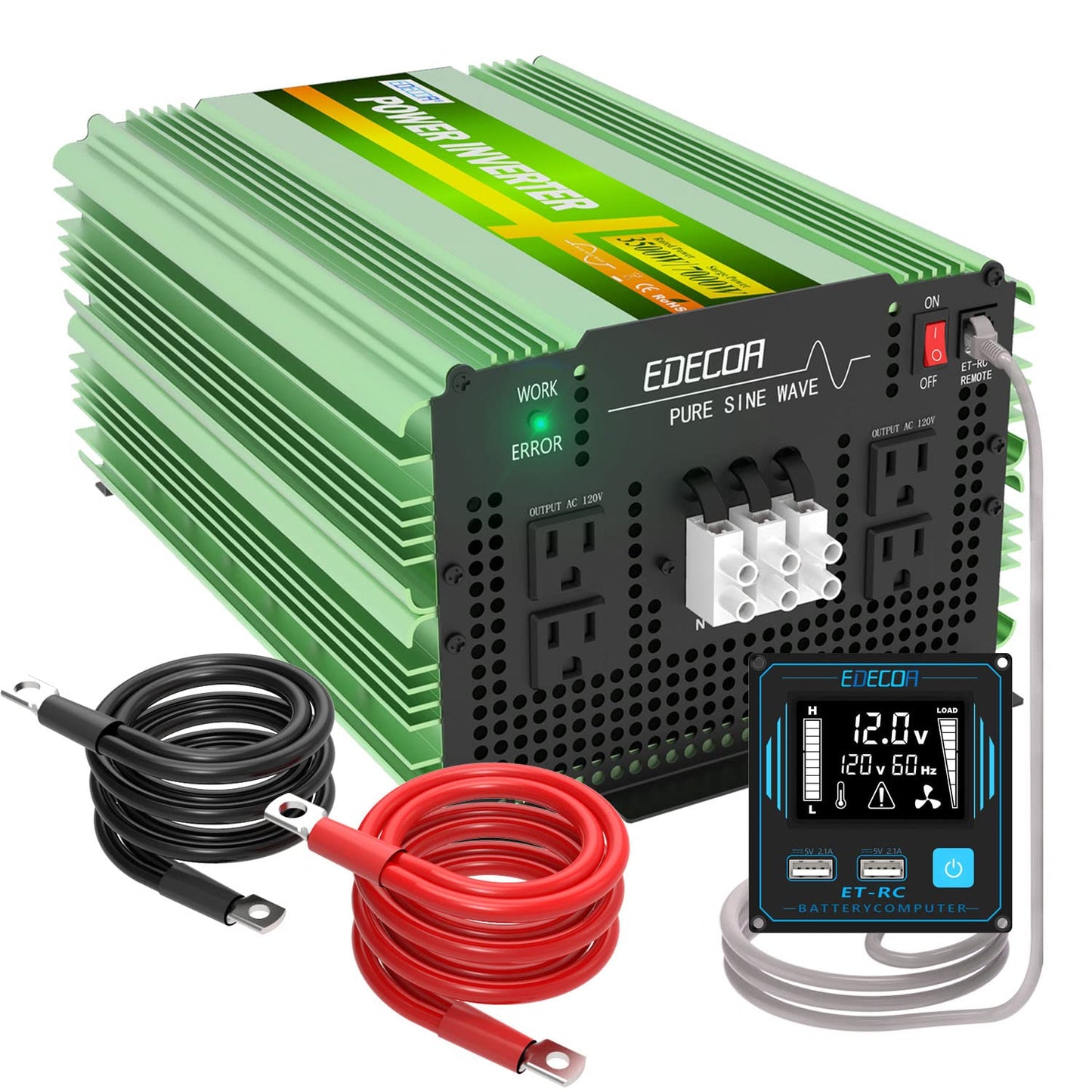 EDECOA Pure Sine Wave Power Inverter 3500W DC 12V to AC 120V with LCD Display and Remote Controller 4 AC Outlets and 1 Terminal Block