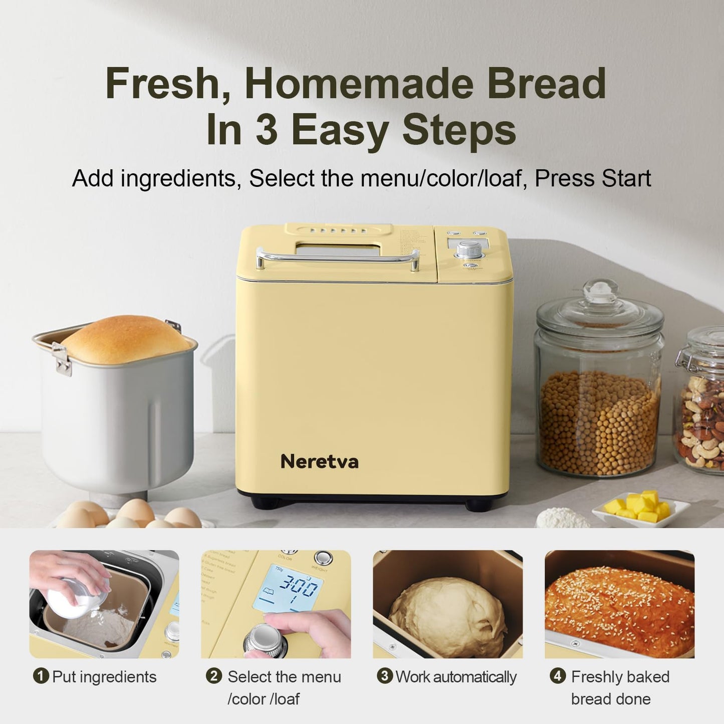 Neretva 20-IN-1 Bread Maker, Dual Heater 2LB Bread Machine Stainless Steel Bread Maker Machine Nonstick Ceramic Pan Compact for Gluten Free/Sourdough/Whole Wheat Bread/Yogurt, Breadmaker Recipe-Green