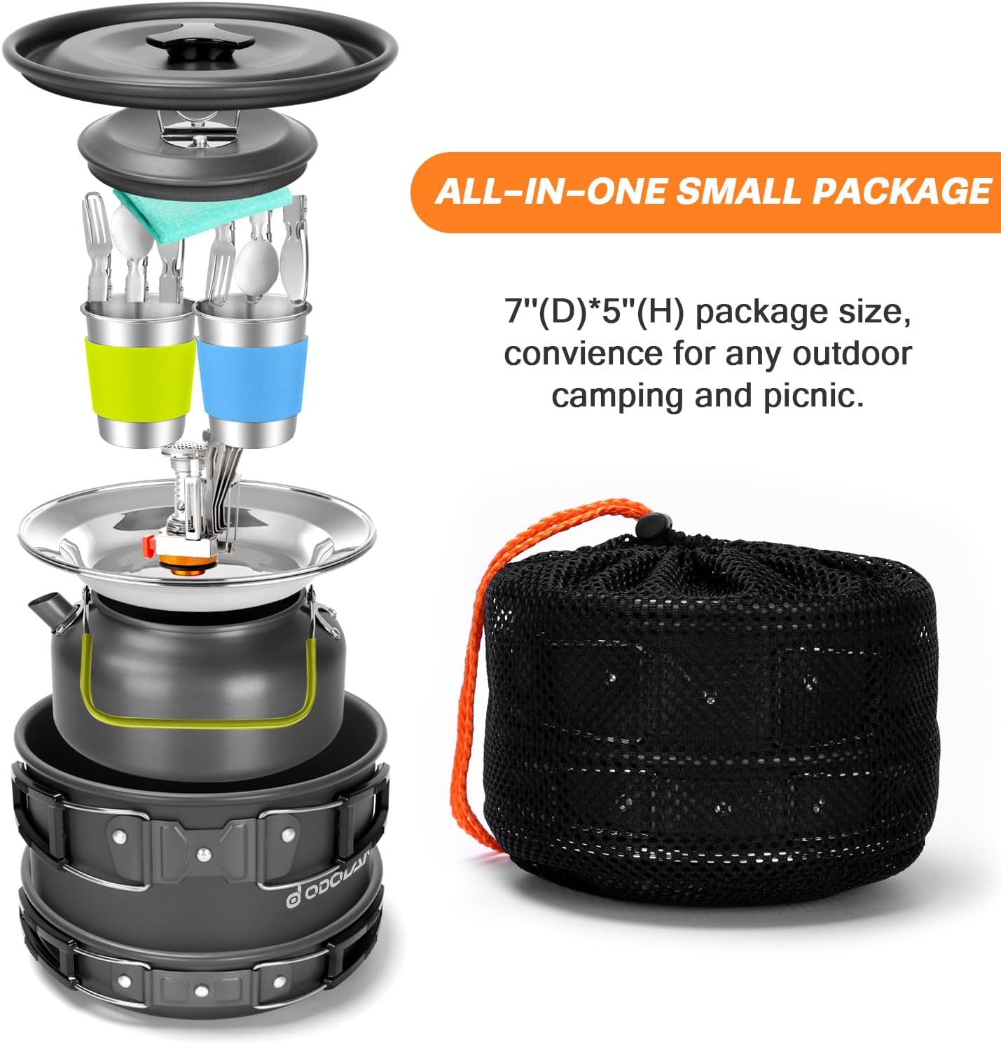 Odoland 16pcs Camping Cookware Set with Folding Camping Stove, Non-Stick Lightweight Pot Pan Kettle Set with Stainless Steel Cups Plates Forks Knives Spoons for Camping Backpacking Outdoor Picnic