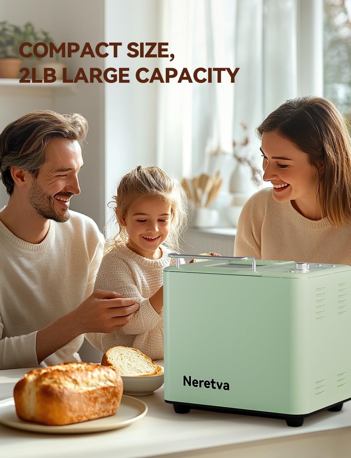 Neretva 20-IN-1 Bread Maker, Dual Heater 2LB Bread Machine Stainless Steel Bread Maker Machine Nonstick Ceramic Pan Compact for Gluten Free/Sourdough/Whole Wheat Bread/Yogurt, Breadmaker Recipe-Green