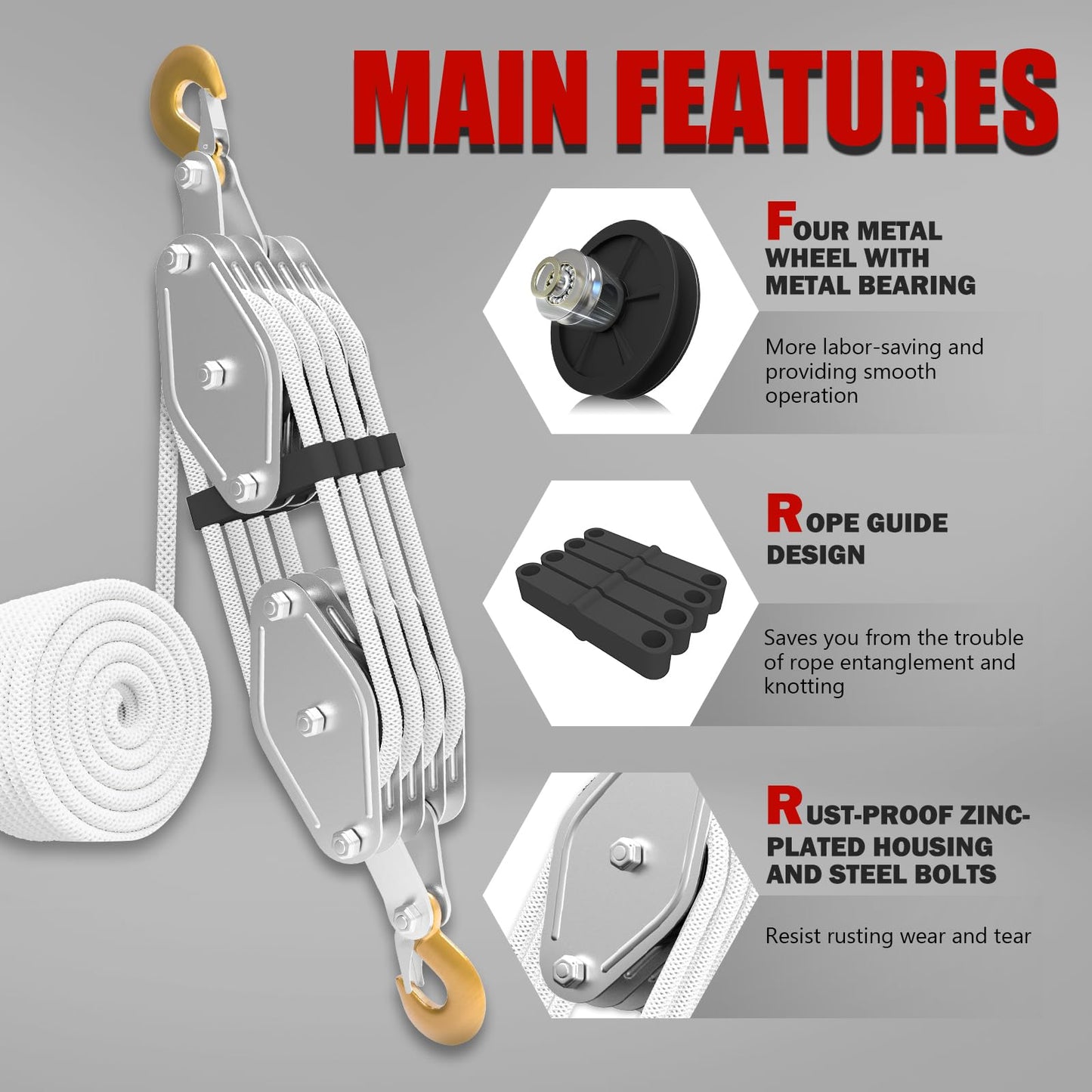Rope Hoist Pulley System, 4400LB Pulley Block and Tackle, 8:1 Ratio Lifting Power 65ft, Heavy Duty Pulley Block for Lifting Pulling (with 2PCs Straps)