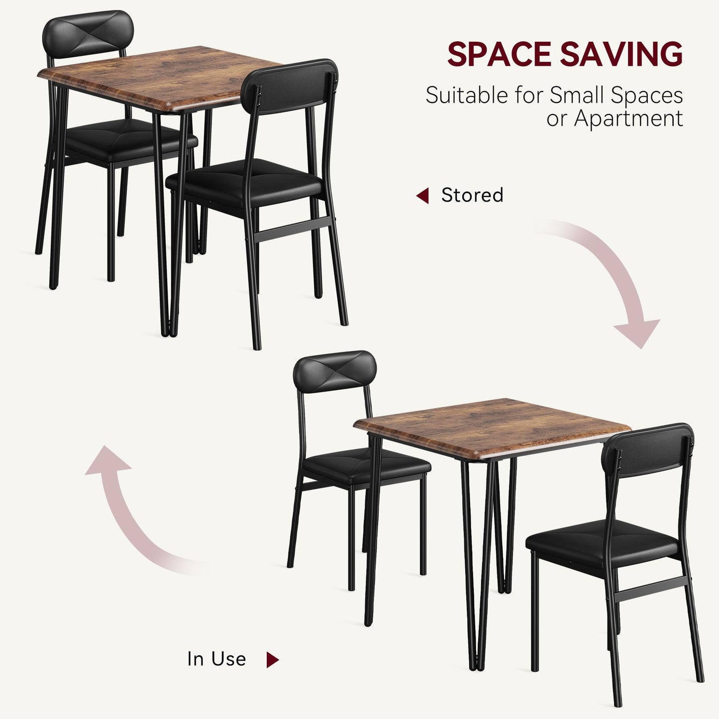 IDEALHOUSE Dining Table for 2-Small Square Kitchen Dining Dinner Room Tables Set,Space Saving Wood Modern Dinette Accent Furniture for Breakfast Nook, (Dark, Table with 2 Upholstered Chairs)