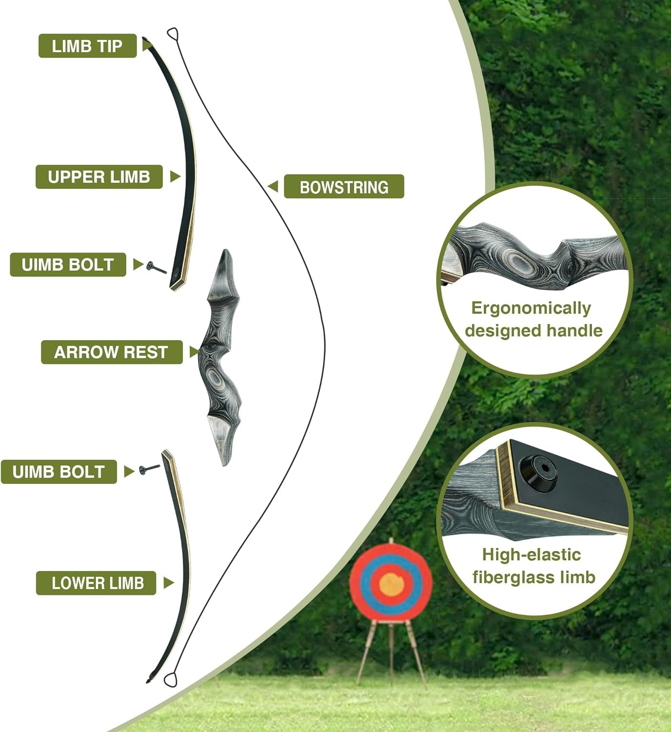 Black Hunter Takedown Recurve Bow, 60" Right Handed & Left Handed Archery Recurve Bows with Ergonomic Design for Adults Beginners to Advanced Outdoor Practice & Hunting (25-60 lbs)