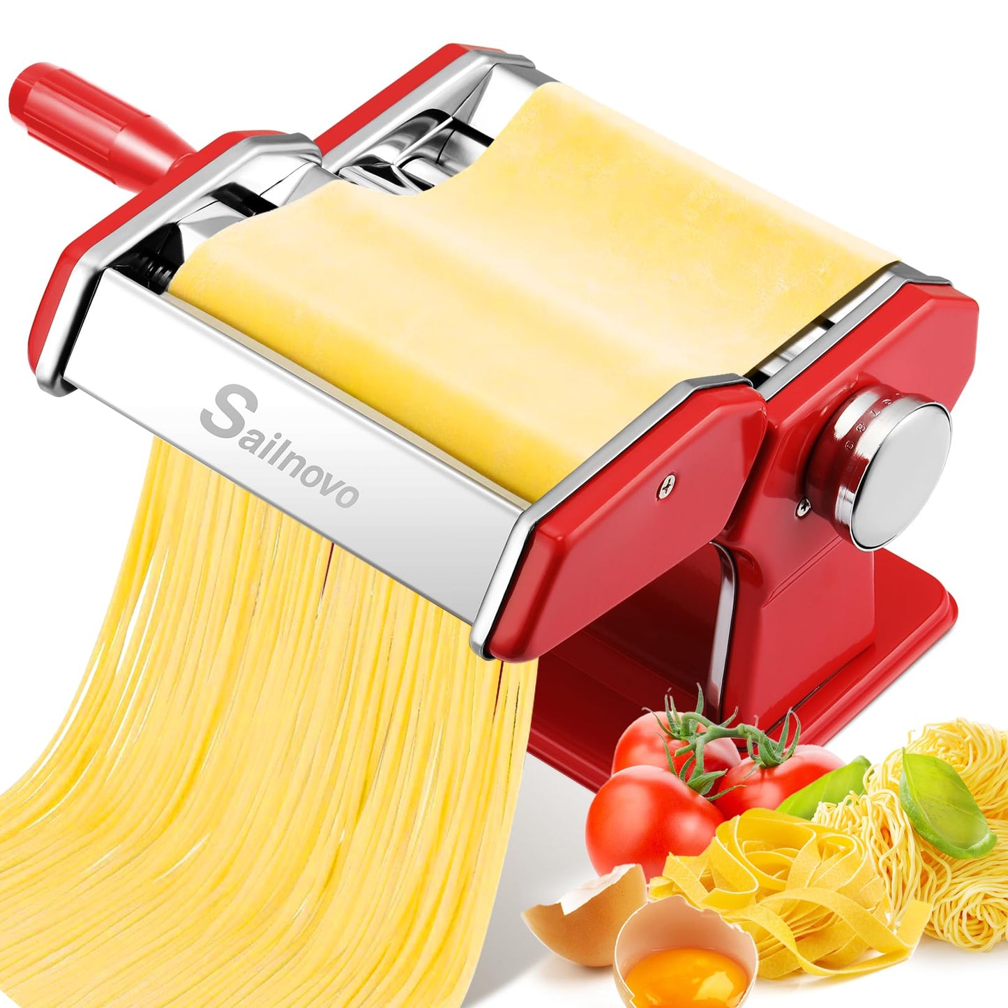 Sailnovo Pasta Maker Machine, 180 Roller Pasta Maker, 9 Adjustable Thickness Settings 2-in-1 Noodles Maker with Rollers and Cutter, Perfect for Spaghetti, Fettuccini, Lasagna or Dumpling Skin Red