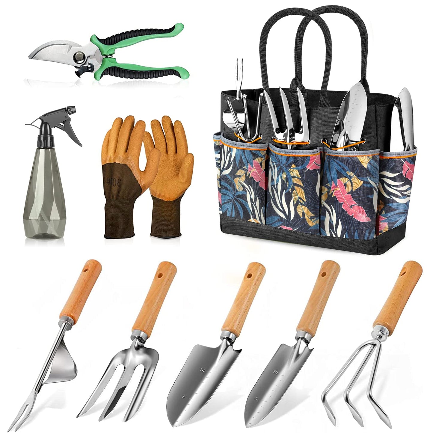 Gardening Tools 9-Piece Heavy Duty Gardening Hand Tools with Fashion and Durable Garden Tools Organizer Handbag,Rust-Proof Garden Tool Set, Ideal Gardening Gifts for Women