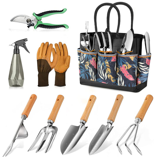 Gardening Tools 9-Piece Heavy Duty Gardening Hand Tools with Fashion and Durable Garden Tools Organizer Handbag,Rust-Proof Garden Tool Set, Ideal Gardening Gifts for Women