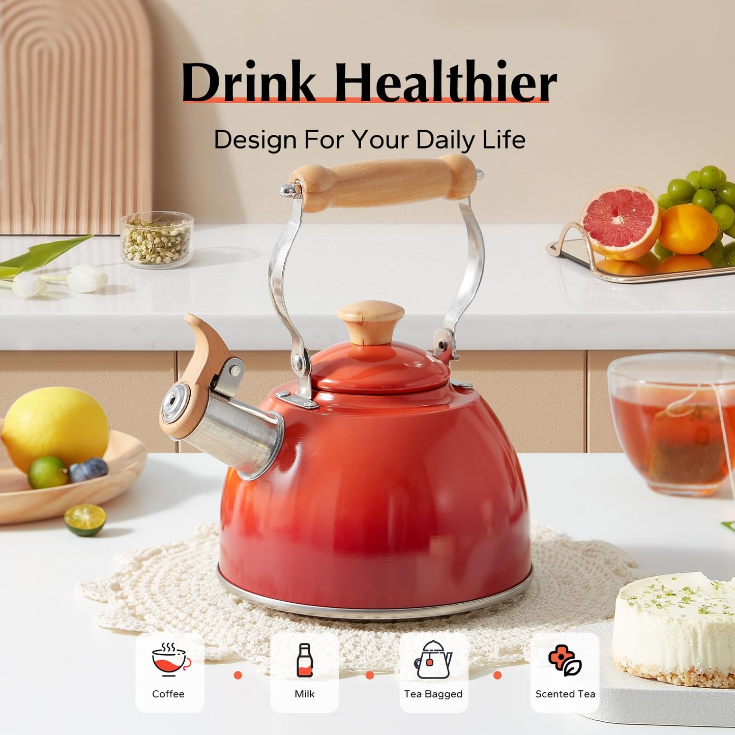 ROCKURWOK Tea Kettle, Tea Pot with Cool Touch Ergonomic Handle, Teapot Food Grade Stainless Steel, Tea Kettle Stovetop, Kettle Teapot, Whistling Tea Kettle, Small Tea Kettle, 1.6 Quart (Green)