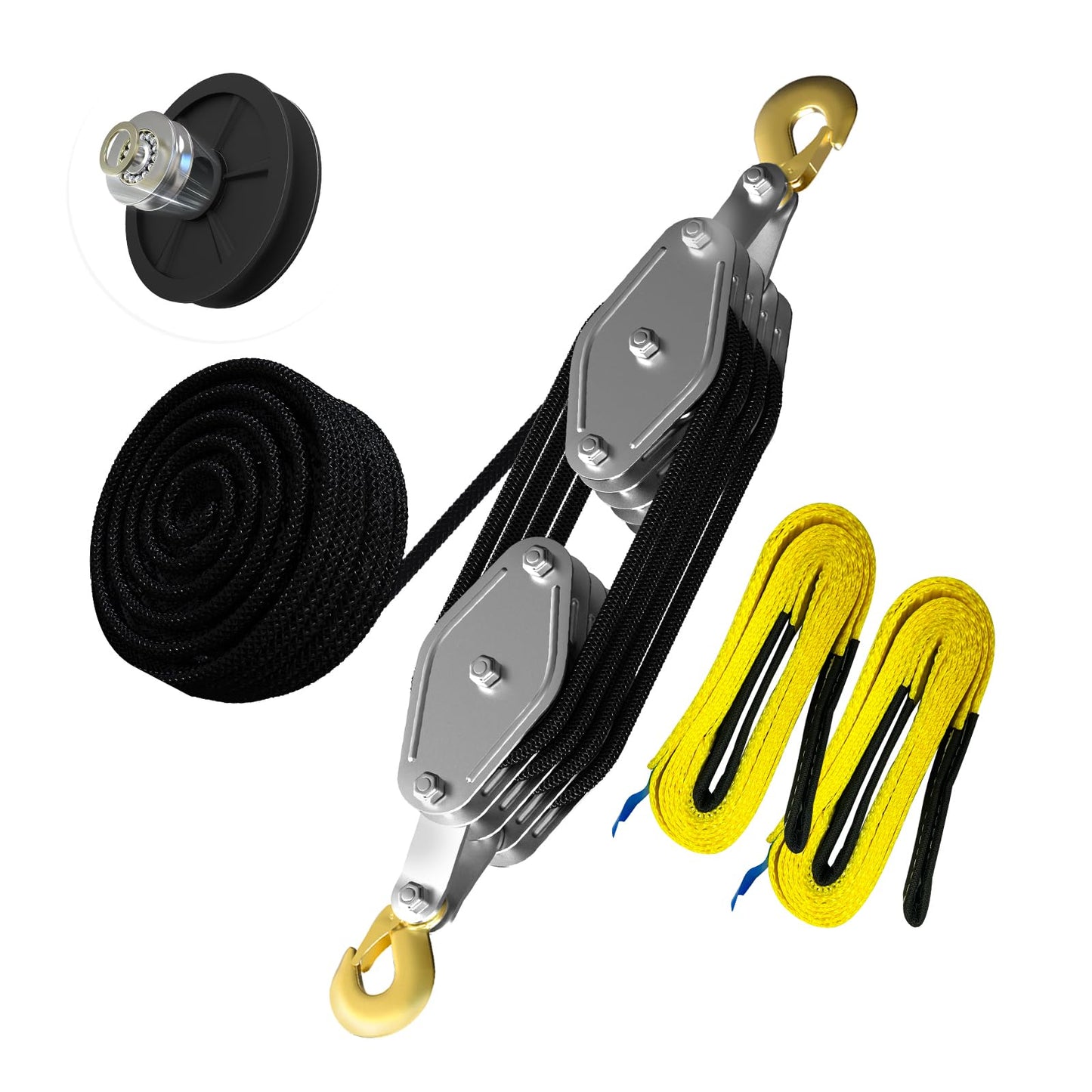 Rope Hoist Pulley System, 4400LB Pulley Block and Tackle, 8:1 Ratio Lifting Power 65ft, Heavy Duty Pulley Block for Lifting Pulling (with 2PCs Straps)