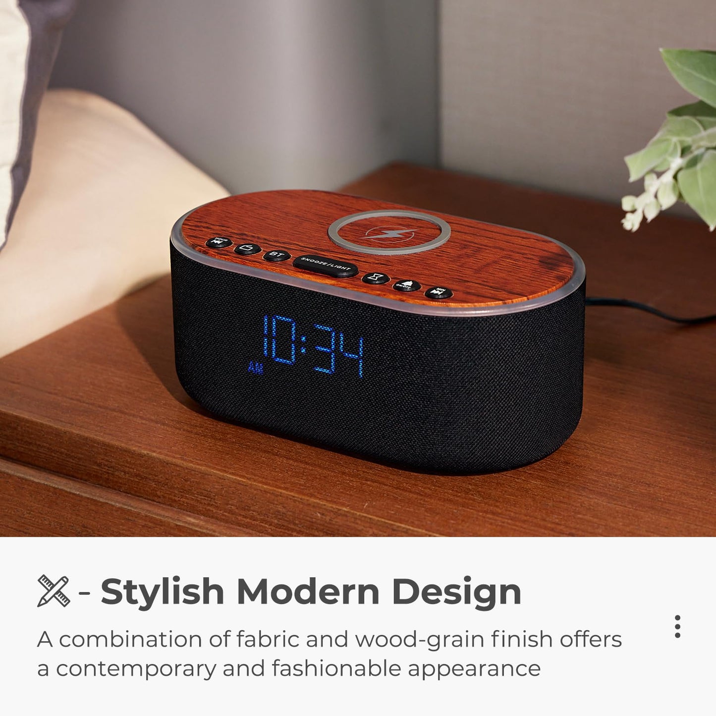 uscce Alarm Clock Bluetooth FM Radio: 10W Stereo Sound Speaker - Fast Wireless Charging for iPhone Samsung - Dimmable Clock Radio for Bedroom