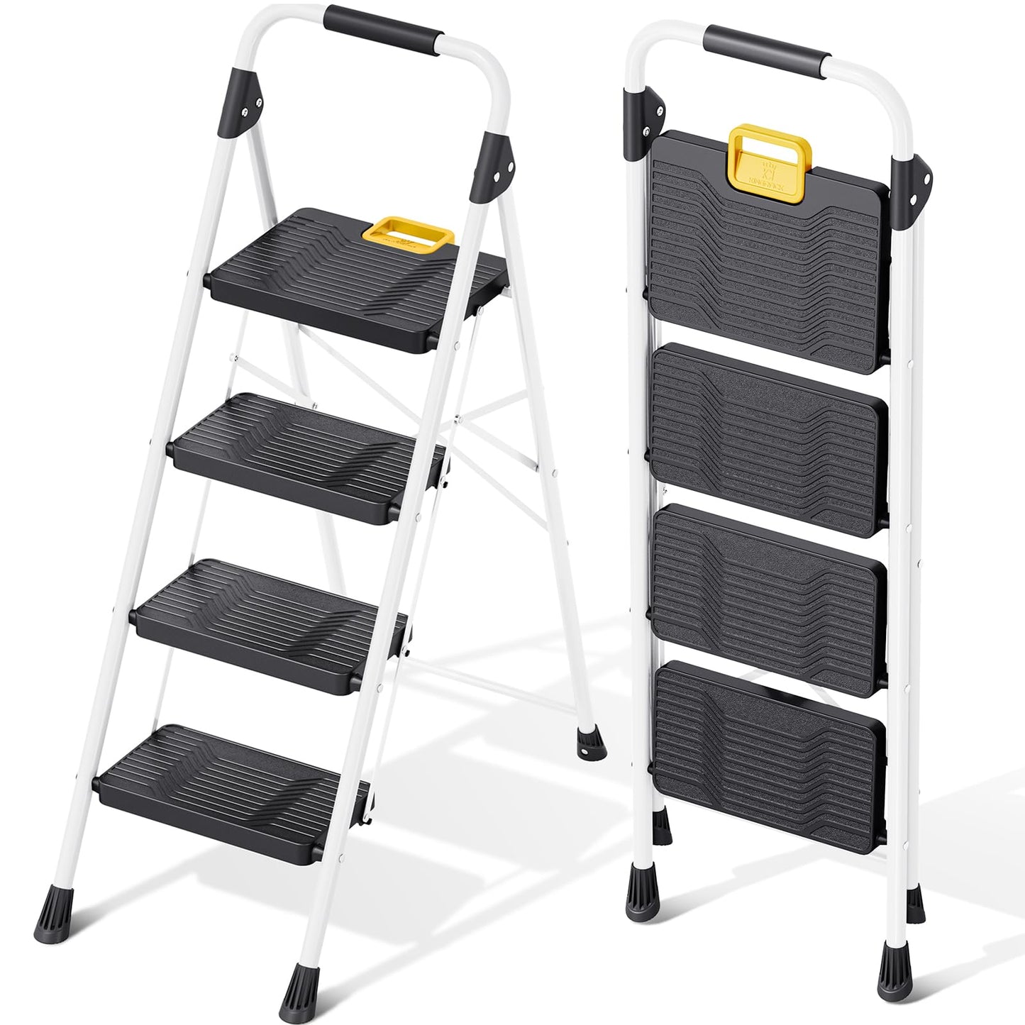 KINGRACK 4 Step Folding Ladder, 800lbs Capacity Step Stool with Safety Lock, Non-Skid Wide Pedals, and Handrail, Lightweight, Household Ladder for Home, Kitchen, Pantry, Closets, and Office Use, White