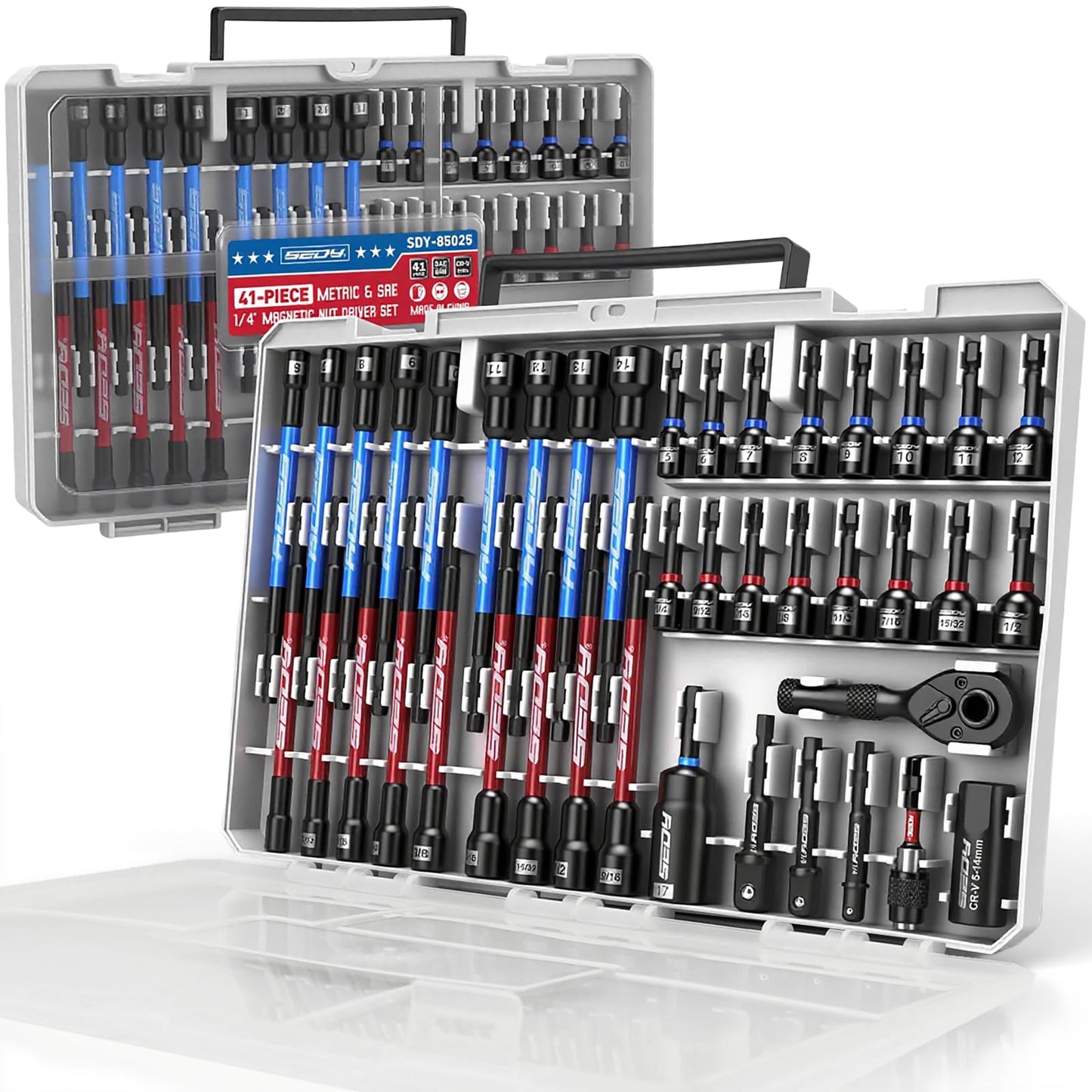 41-Piece Premium 1/4" Drive Magnetic Impact Nut Driver Set Metric & SAE Standard & Deep with Socket Adapters, 2-in-1 Ratchet Wrench, Wing Nut Driver, Universal Sockets, Quick Release Bit Holder