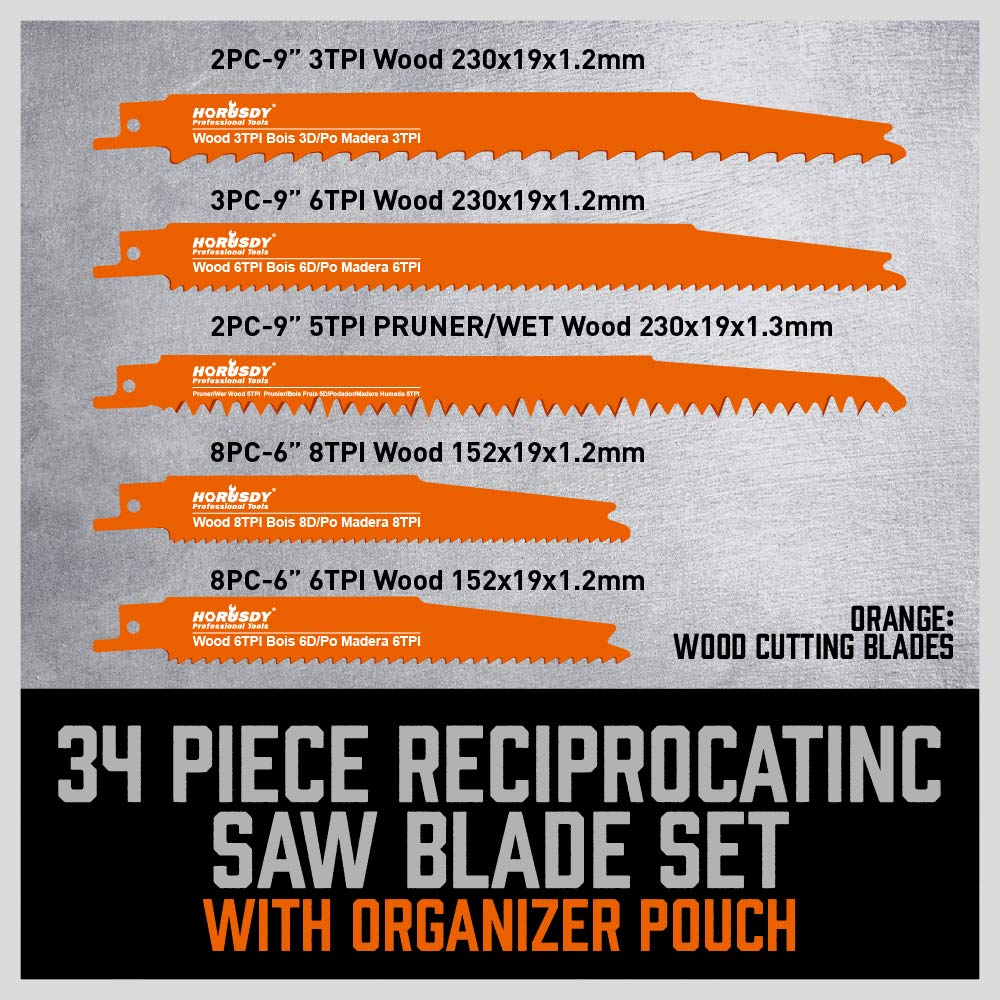 HORUSDY 34-Piece Reciprocating Saw Blades Set, Metal & Woodcutting Saw Blades, Saw Blades with Pouch.