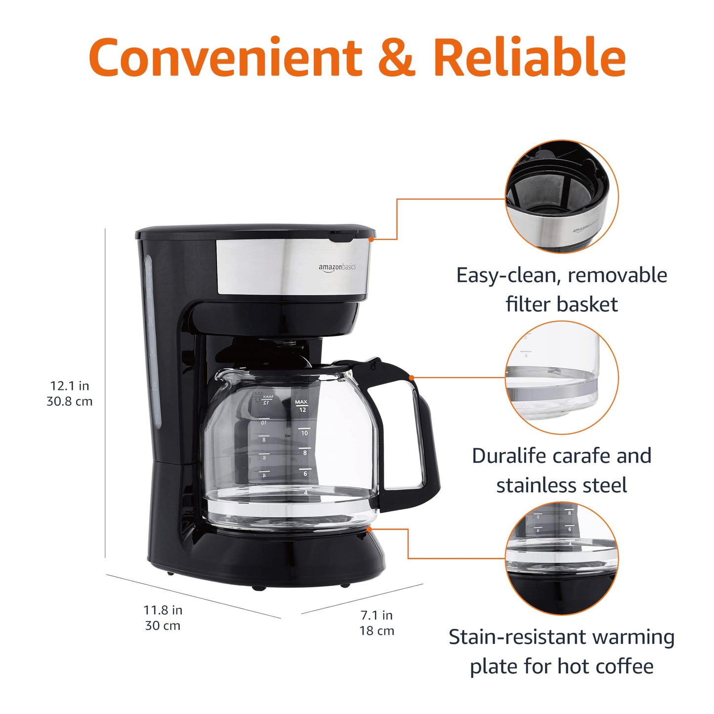 Amazon Basics Coffee Makers, 5-Cup Coffee Machines with Reusable Filter, Coffee Pots, Black & Stainless Steel