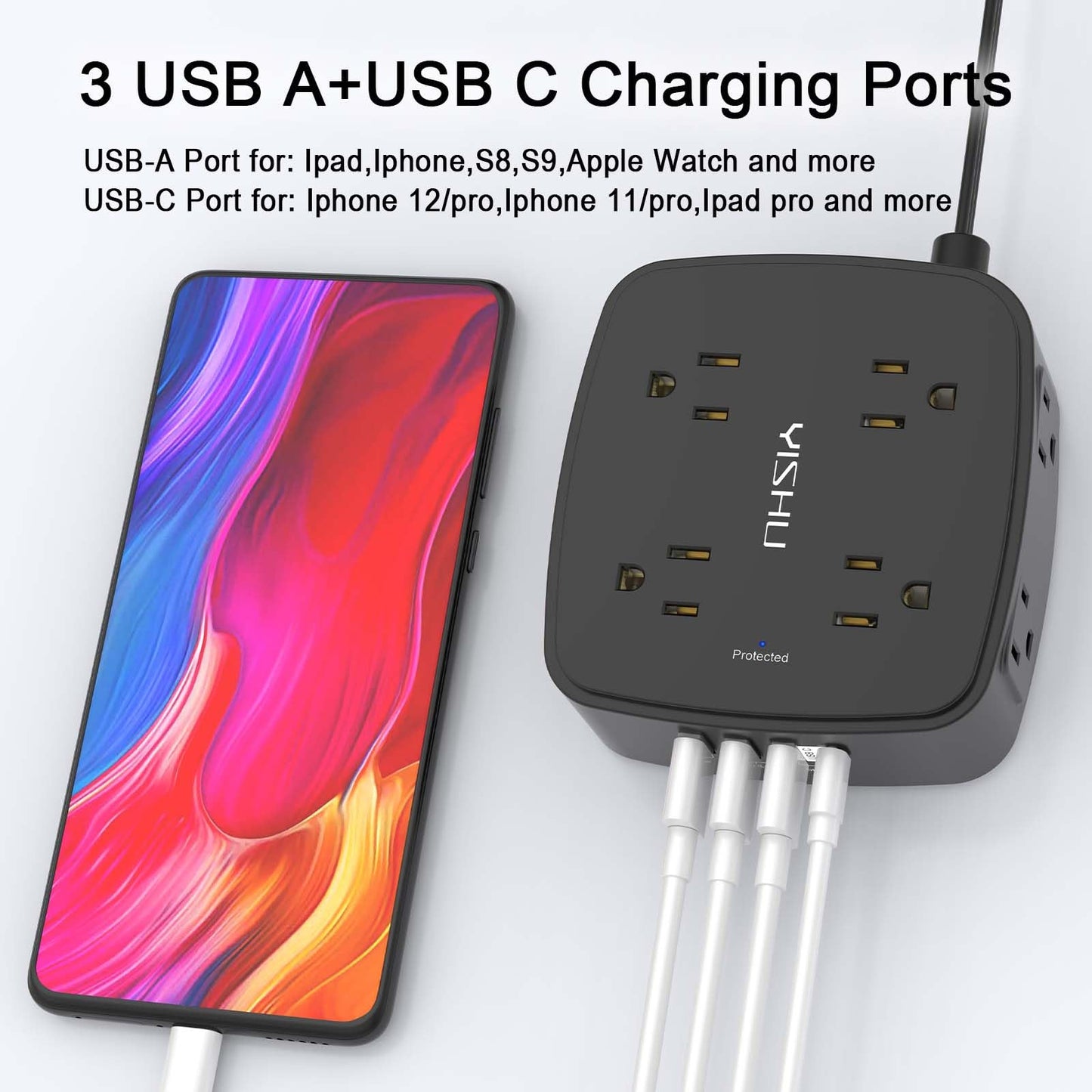 6 Ft Surge Protector Power Strip - 8 Widely Outlets with 4 USB Ports, 3 Side Outlet Extender with 6 Feet Extension Cord, Flat Plug, Wall Mount, Desk USB Charging Station, ETL,White