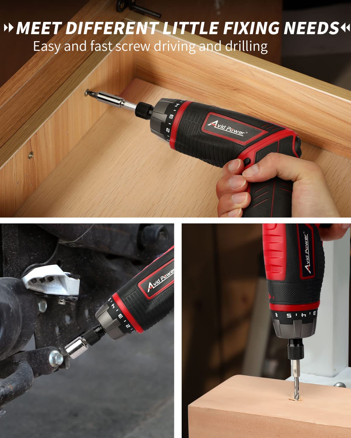 AVID POWER Electric Screwdriver Set Rechargeable 4V Cordless Screwdriver Kit with 44pcs Accessories, 5.65Nm Screw Gun, 5+1 Torque Setting, 2 Position Handle with LED Light