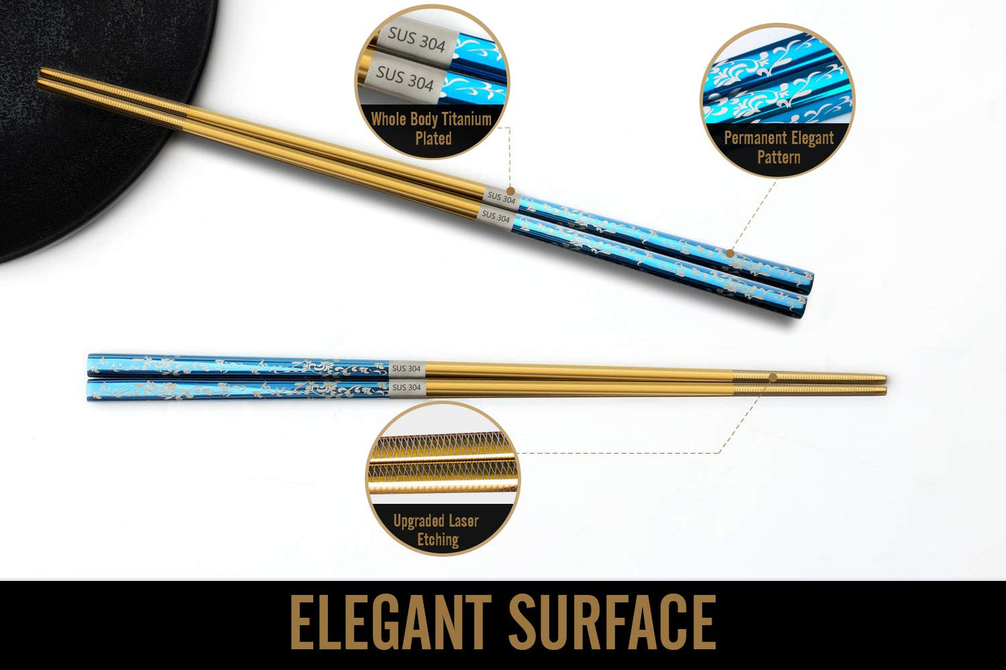 Titanium Plated Chopstick Stainless Steel Chopsticks Metal Chopsticks Reusable Dishwasher safe Premium Laser Engraved Chop Sticks for Eating 2 Pairs Gift Set Blue Silver