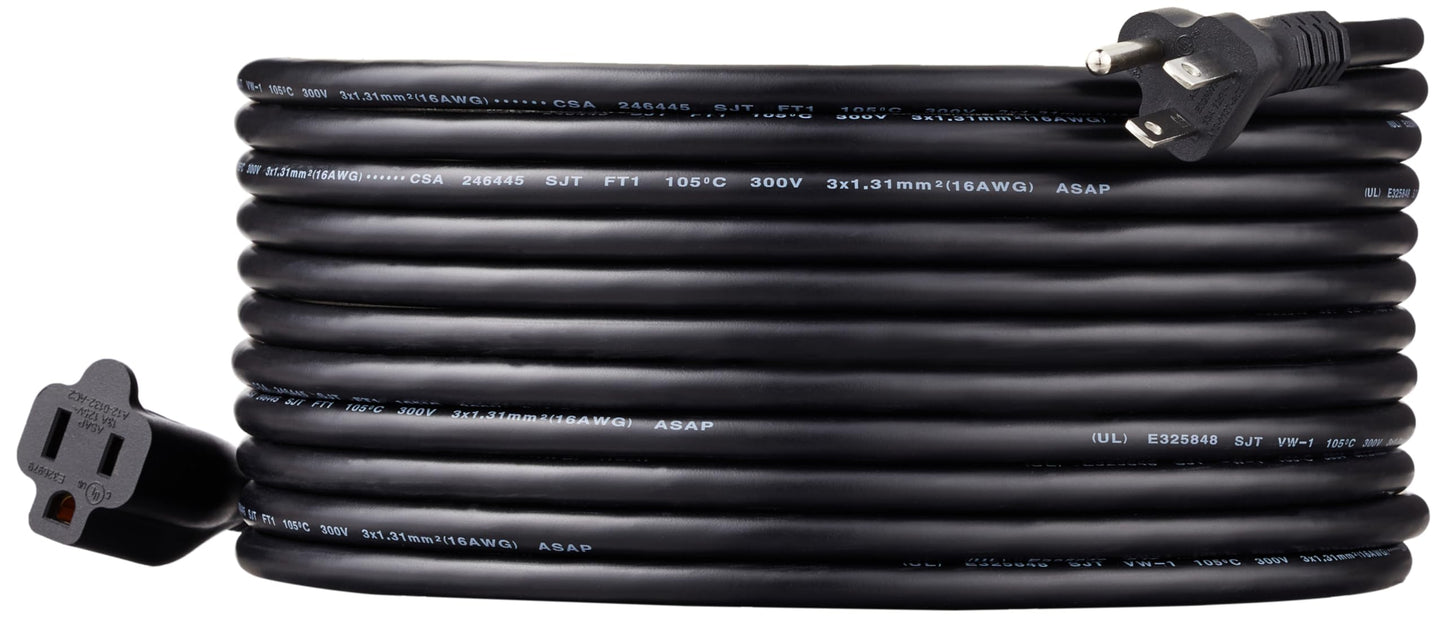 Extension Cord, 20 Ft, 3 Prong Outlet Extender, Indoor Extension Cord, 13 Amps, 125V, Black
