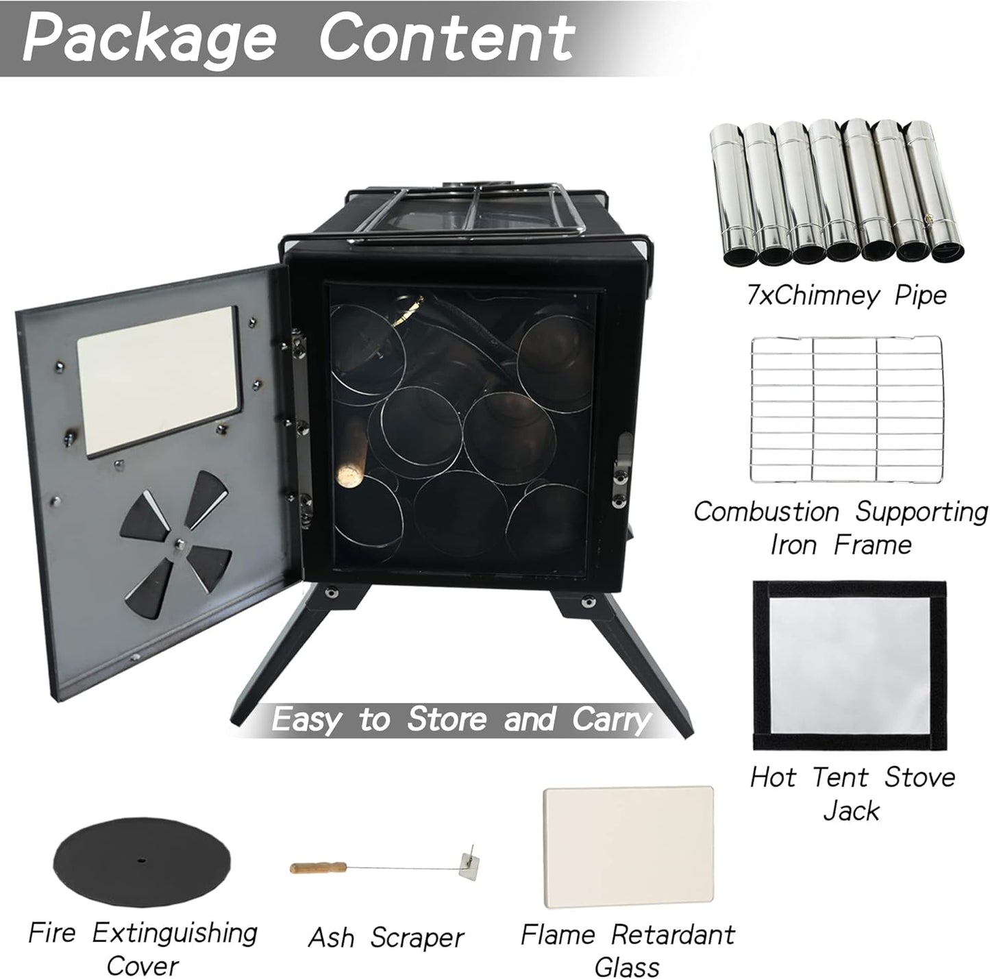HOPUBUY Wood Stove Hot Tent Stove, Portable Camping Wood Burning Stove for Outdoor Cooking, Small Wood Stove with 7 Stainless Chimney Pipes and Tent Stove Jack