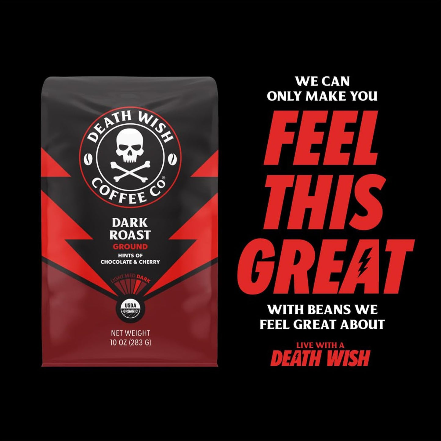 Death Wish Coffee, Organic and Fair Trade Dark Roast Whole Bean Coffee, 16 oz