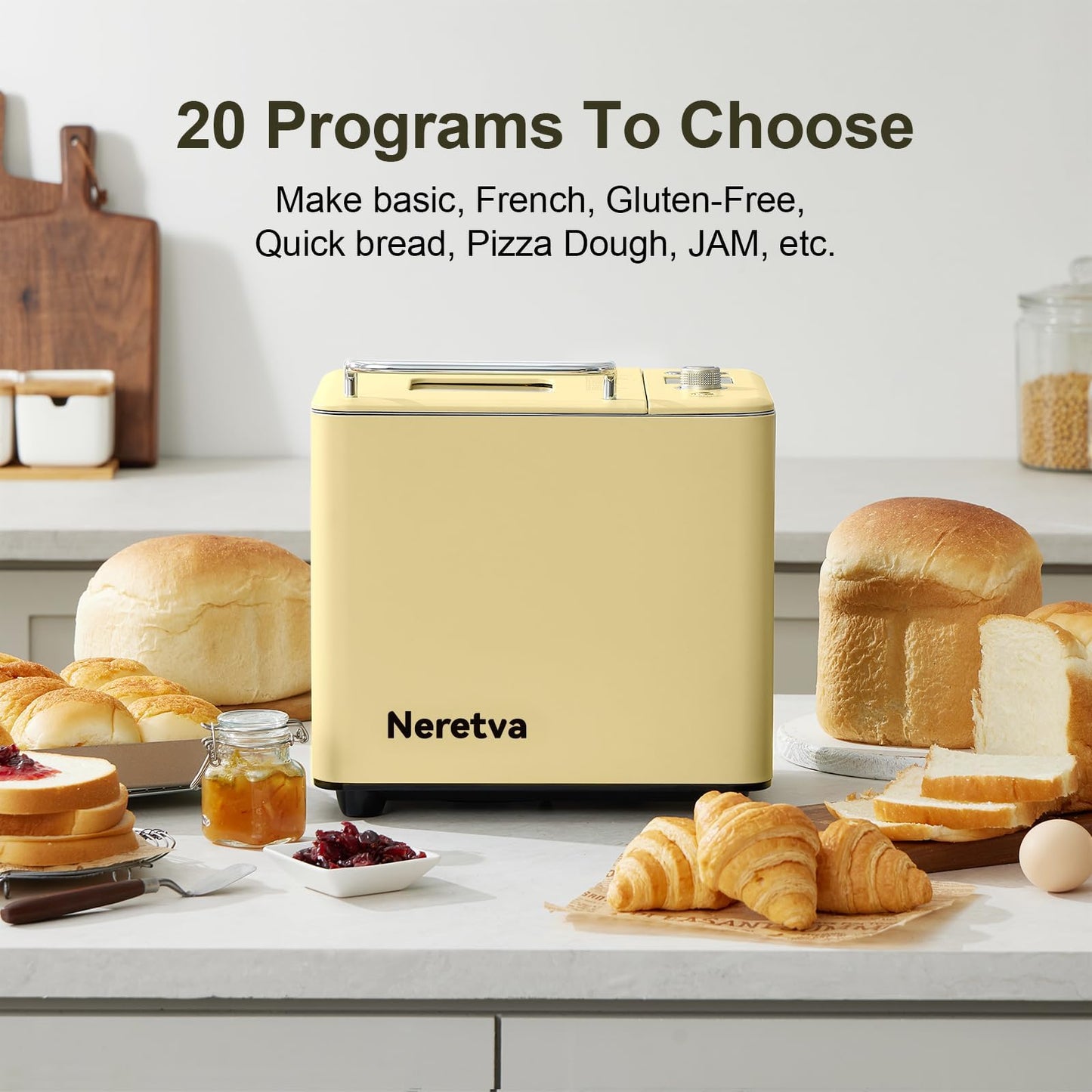 Neretva 20-IN-1 Bread Maker, Dual Heater 2LB Bread Machine Stainless Steel Bread Maker Machine Nonstick Ceramic Pan Compact for Gluten Free/Sourdough/Whole Wheat Bread/Yogurt, Breadmaker Recipe-Green