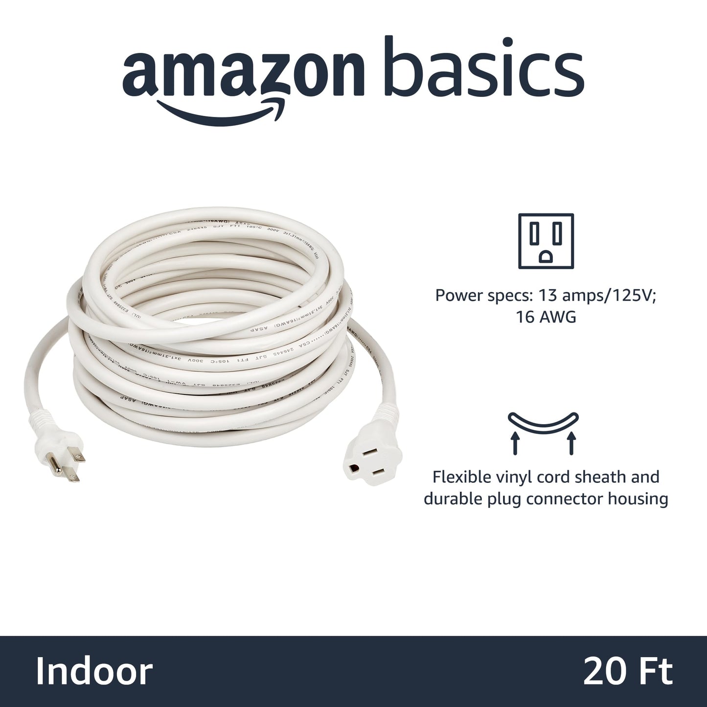 Extension Cord, 20 Ft, 3 Prong Outlet Extender, Indoor Extension Cord, 13 Amps, 125V, Black