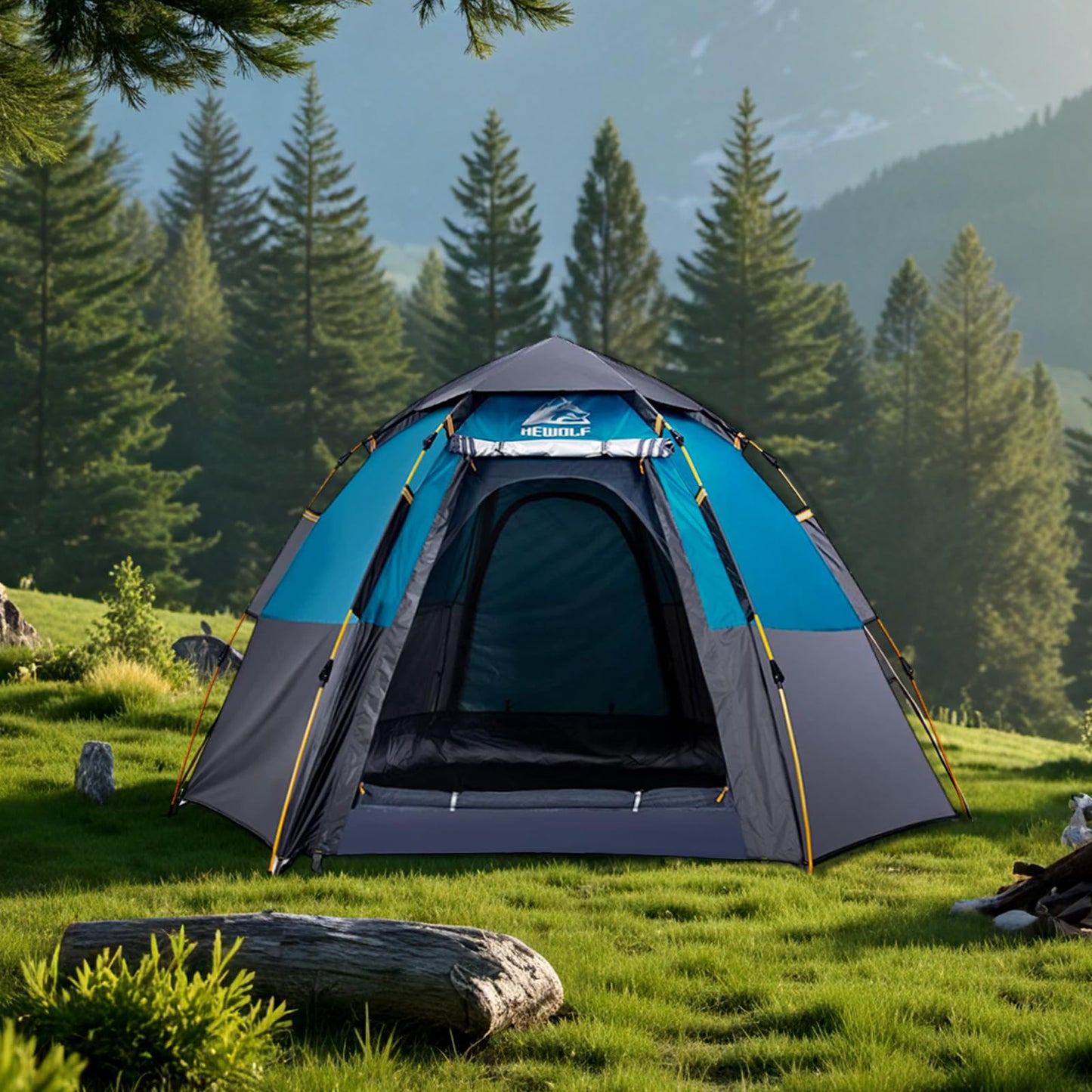Hewolf 2/3/4 Person Camping Tent - Instant Pop Up Waterproof 2 Doors Tent with Easy Setup | 3-Season Hexagonal Dome Design for Family, Hiking & Traveling