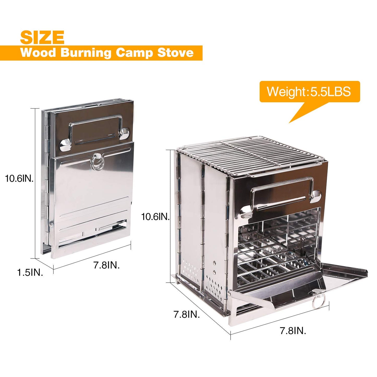 Portable Folding Camping Wood Stove for Outdoor Cooking, Lightweight Stainless Steel Wood Burning Camp Stove with Grill for Backpacking BBQ Picnic, Small