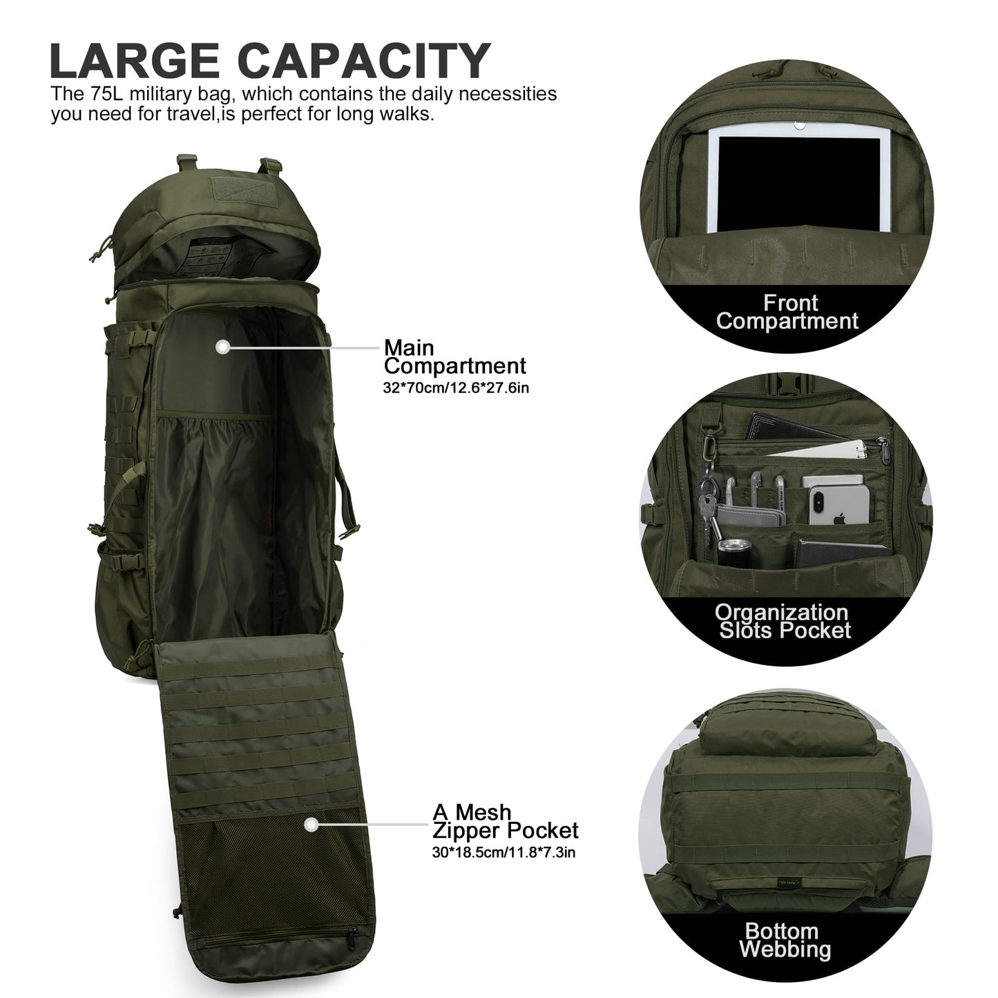 Mardingtop 75L Molle Hiking Internal Frame Backpacks with Rain Cover for Camping,Backpacking,Travelling