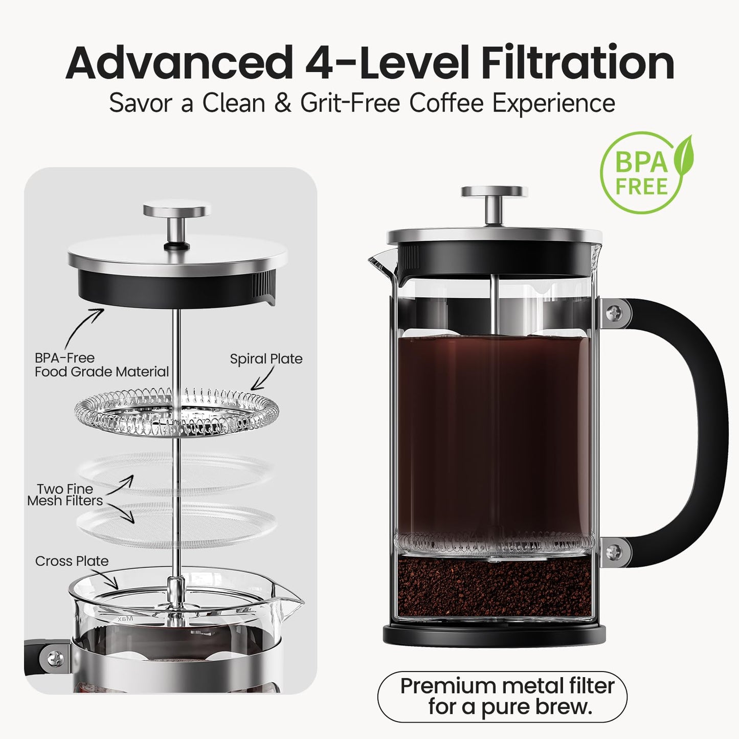 BAYKA French Press Coffee Maker, Large 304 Stainless Steel Coffee Press, Cold Brew Heat Resistant Thickened Borosilicate Coffee Pot for Camping Travel Gifts, 34 Ounce, Dark Pewter