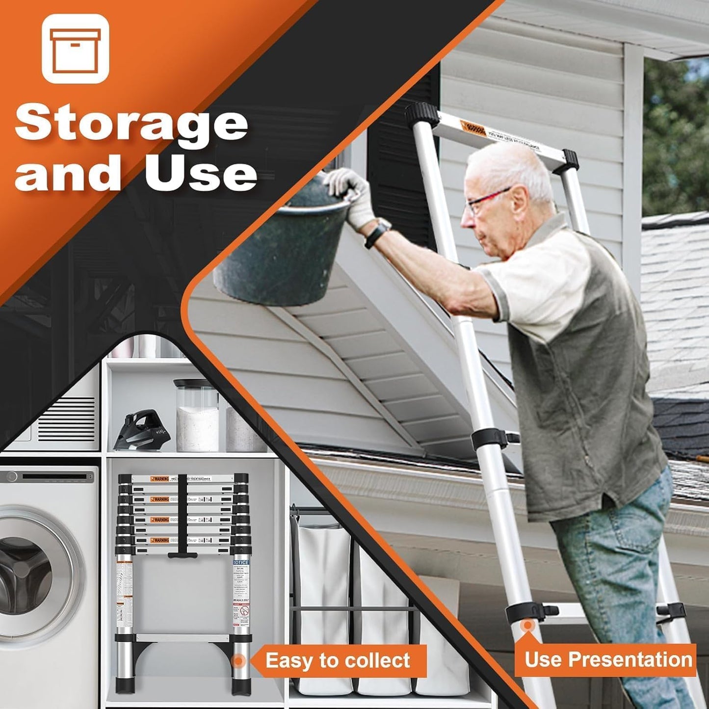 Telescoping Ladder, SocTone 12.5 FT Aluminum Lightweight Extension Ladder with 2 Triangle Stabilizers, Heavy Duty 330lbs Max Capacity, Multi-Purpose Collapsible Ladder for RV or Outdoor Work