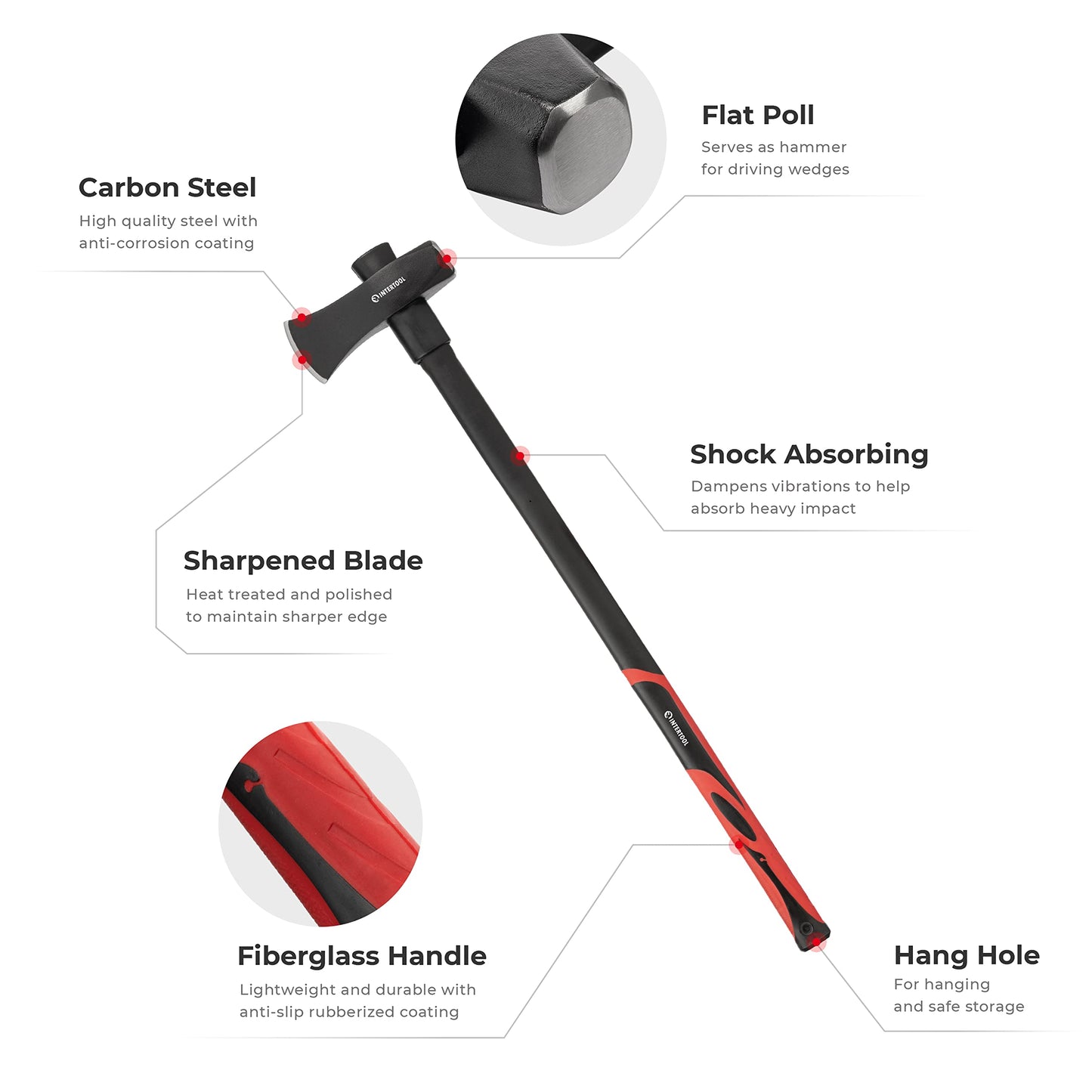 INTERTOOL 36 Inch Chopping Axe | Heavy Duty Wood Cutting & Felling Axe for Firewood | 2.8lb Head with Shock Absorbing Fiberglass Handle | HT-0264