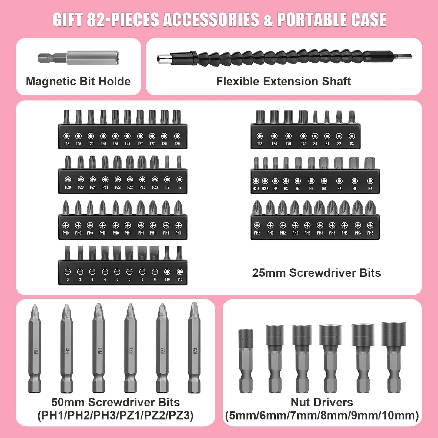 ENERTWIST Cordless Screwdriver, 8V Max 10Nm Electric Screwdriver Rechargeable Set with 82 Accessory Kit and Charger in Carrying Case, 21+1 Cluth, Dual Position Handle, LED Light, ET-CS-8