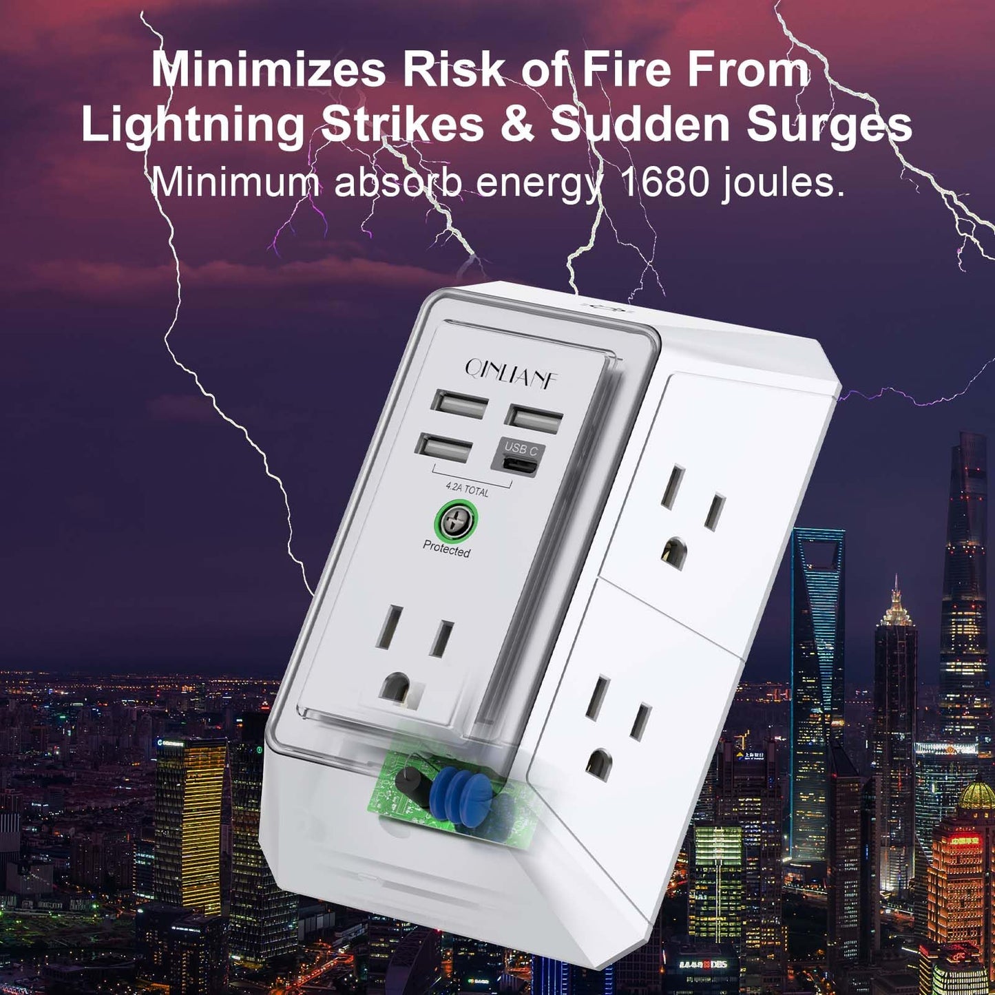 Wall Charger, Surge Protector, QINLIANF 5 Outlet Extender with 4 USB Charging Ports (4.8A Total) 3-Sided 1680J Power Strip Multi Plug Adapter Spaced for Home Travel Office (3U1C)