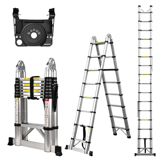 Telescoping Ladder, SocTone 12.5 FT Aluminum Lightweight Extension Ladder with 2 Triangle Stabilizers, Heavy Duty 330lbs Max Capacity, Multi-Purpose Collapsible Ladder for RV or Outdoor Work