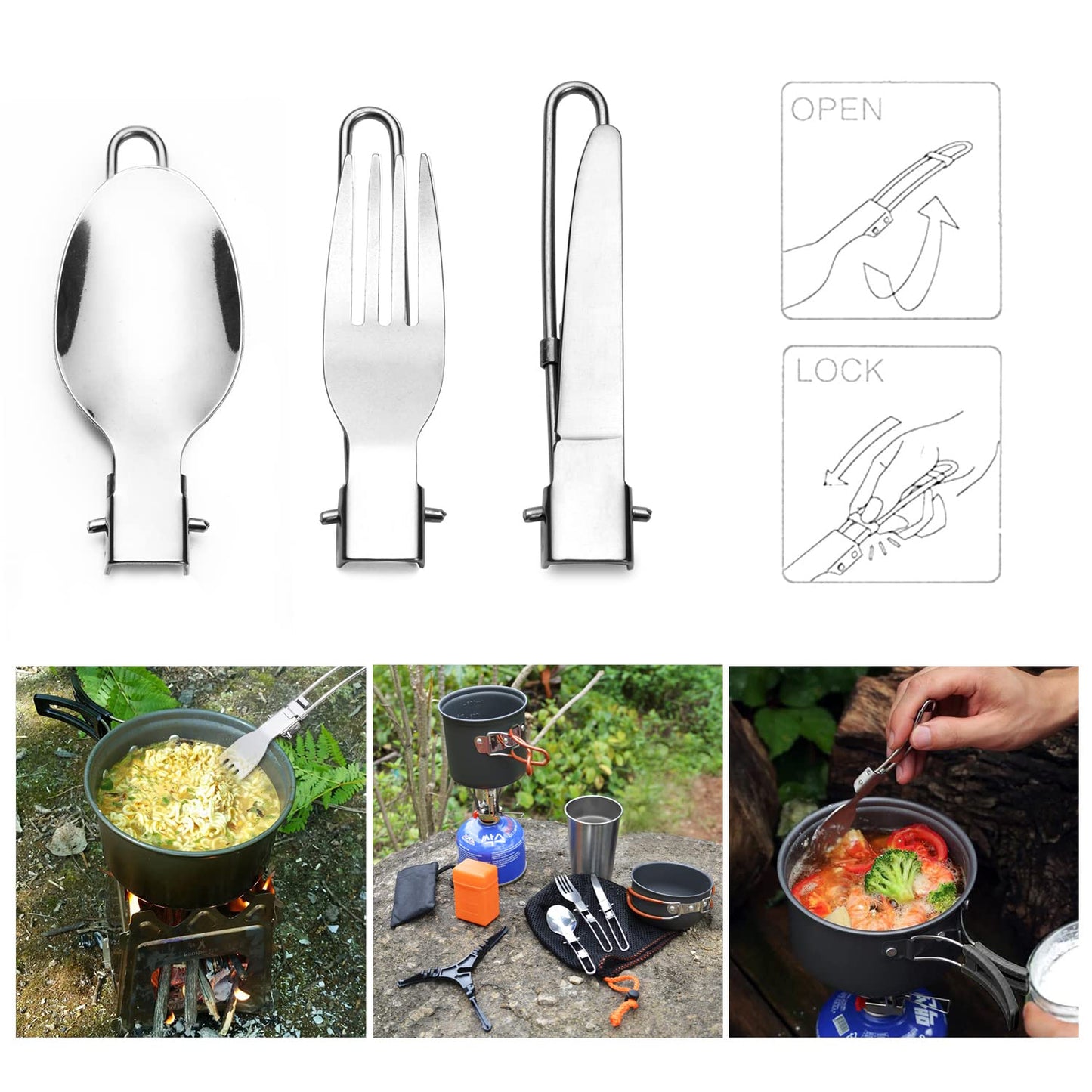 Odoland Camping Cookware Stove Carabiner Canister Stand Tripod and Stainless Steel Cup, Tank Bracket, Fork Spoon Kit for Backpacking, Outdoor Camping Hiking and Picnic