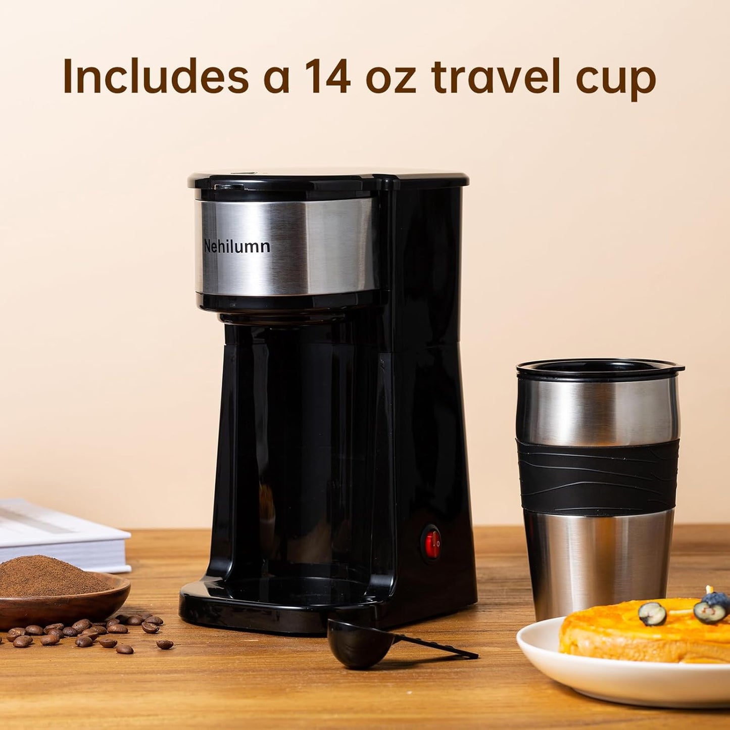 Single serve one cup drip coffee maker 14 oz,with personal travel cup,auto shut off function,Reusable Filter,Black and Silver