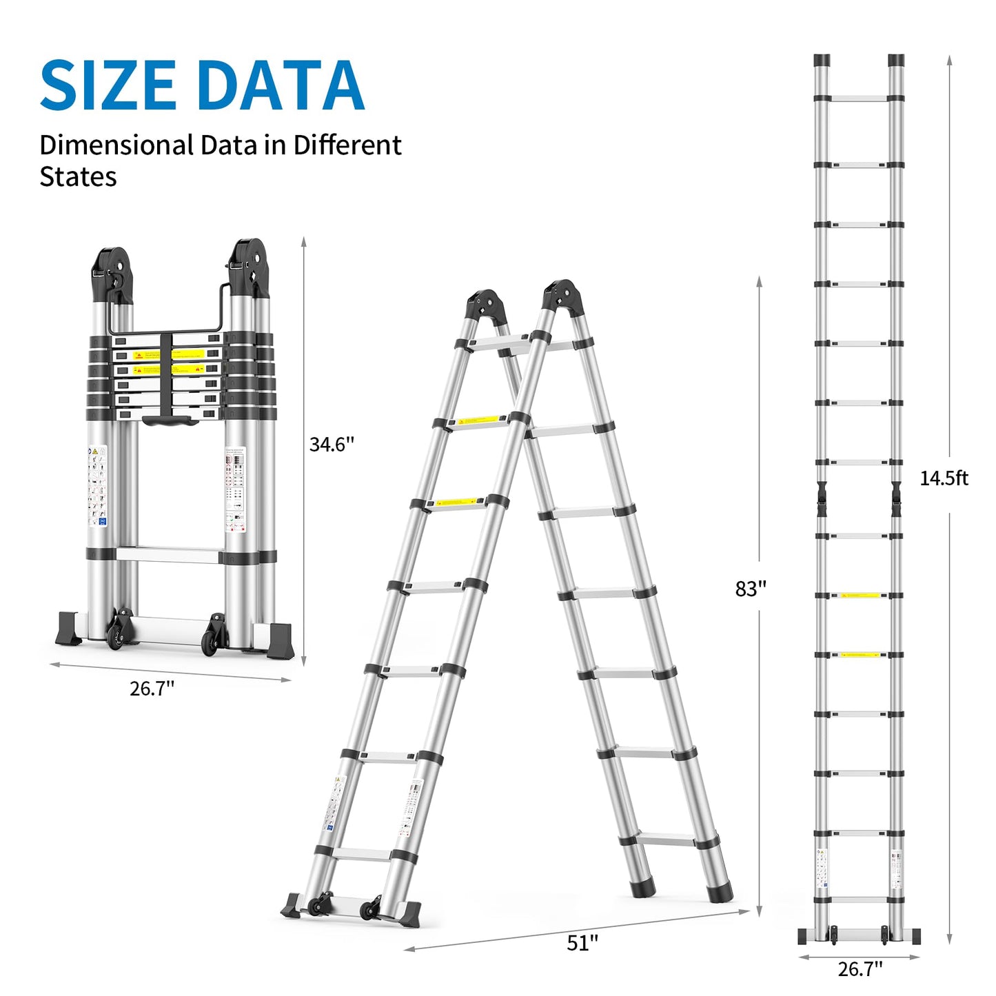Telescoping Ladder,12.5 FT Extension Ladder, Heavy Duty 330lbs Max Capacity, Multi-Purpose Collapsible Ladder for RV or Outdoor Work