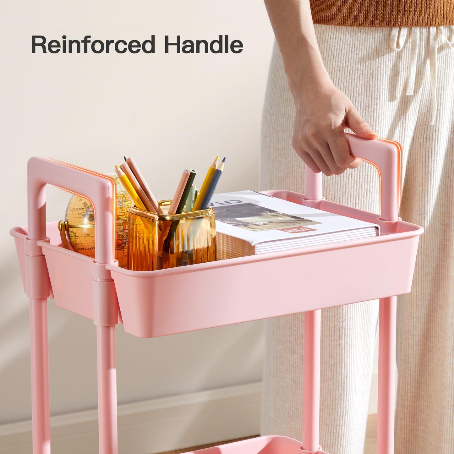 Pipishell 3 Tier Rolling Cart Organizer, Plastic Rolling Cart with Lockable Wheels & Reinforced Handle, Lightweight Utility Cart Storage Cart for Nursery, Kitchen, Bathroom, Craft Room, White, PIUC14W