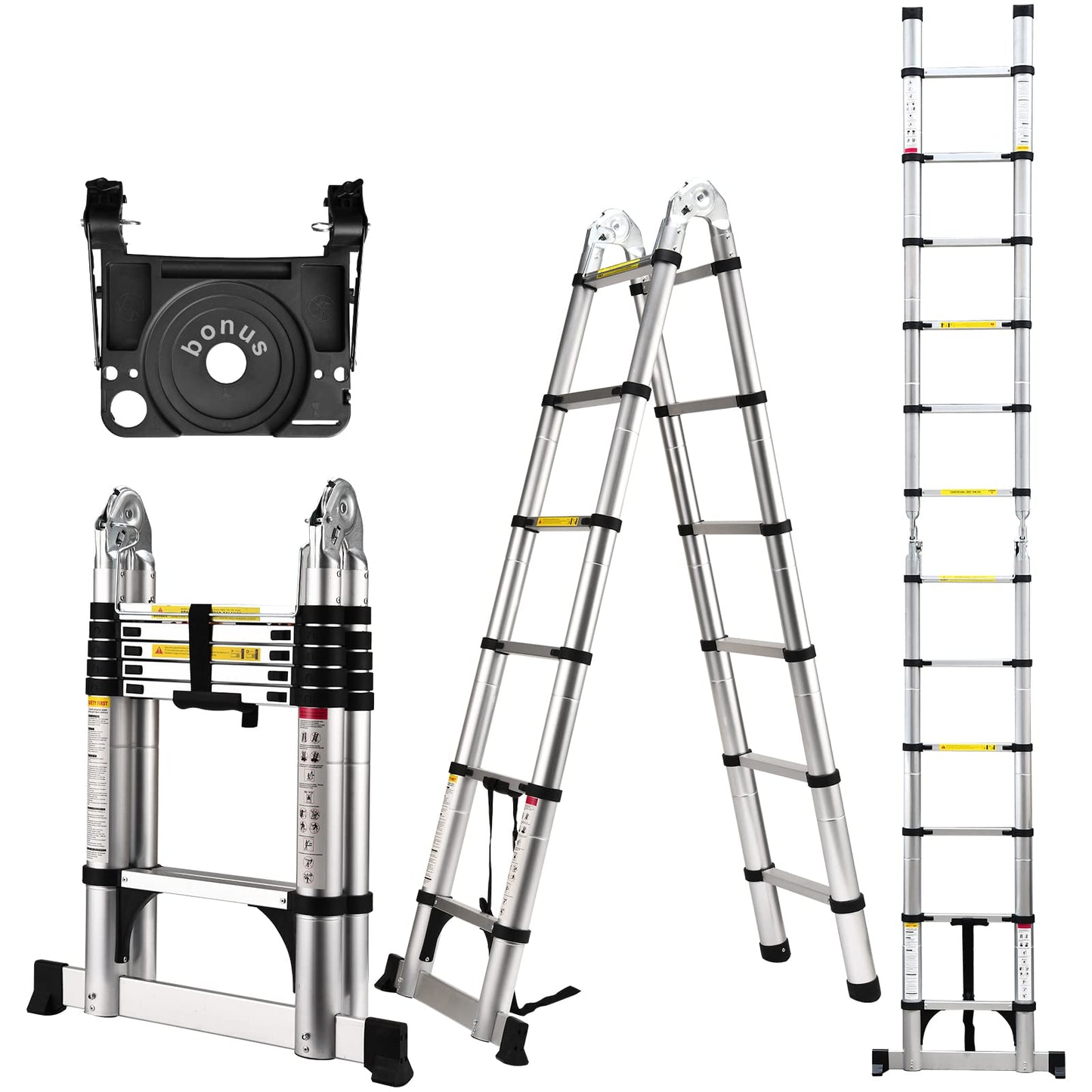 Telescoping Ladder, SocTone 12.5 FT Aluminum Lightweight Extension Ladder with 2 Triangle Stabilizers, Heavy Duty 330lbs Max Capacity, Multi-Purpose Collapsible Ladder for RV or Outdoor Work
