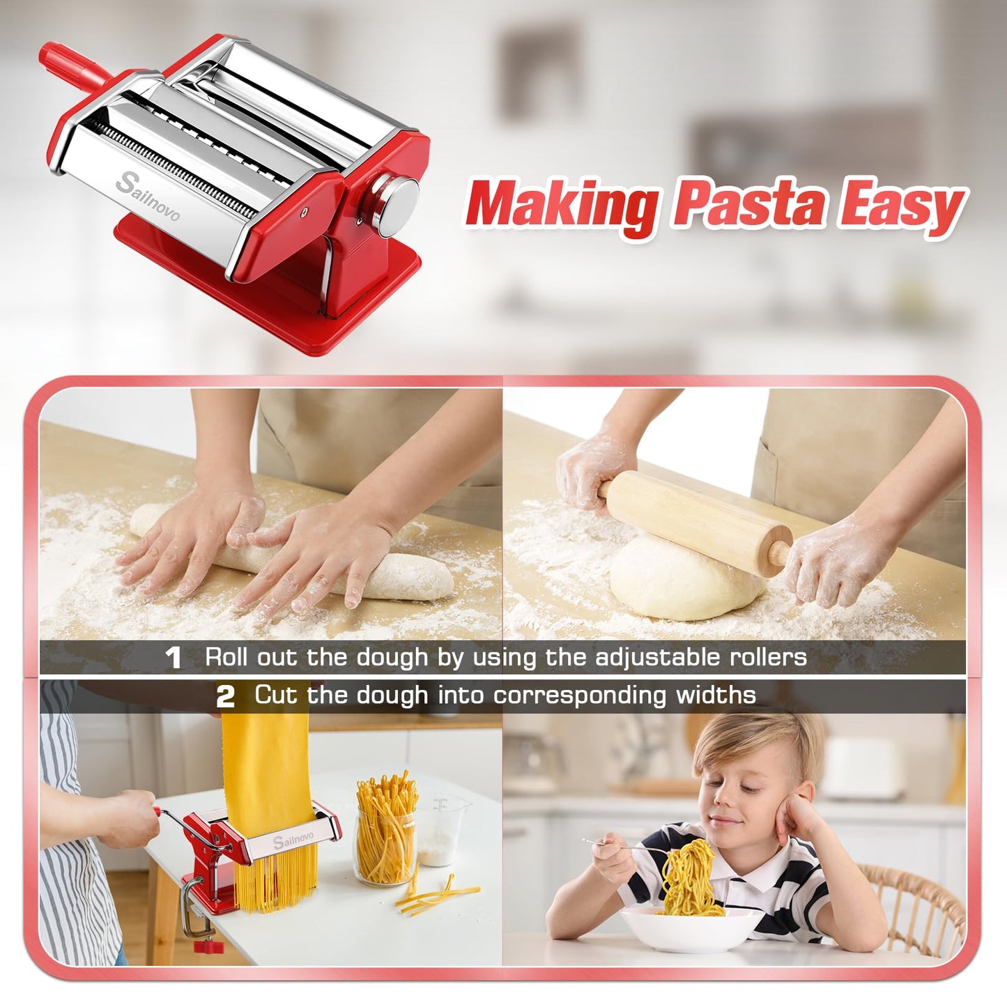 Sailnovo Pasta Maker Machine, 180 Roller Pasta Maker, 9 Adjustable Thickness Settings 2-in-1 Noodles Maker with Rollers and Cutter, Perfect for Spaghetti, Fettuccini, Lasagna or Dumpling Skin Red