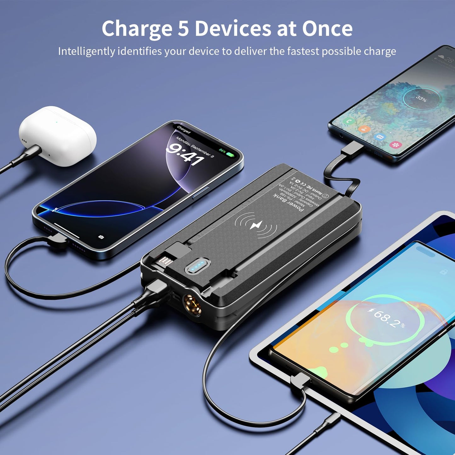 Portable Charger Solar Power Bank 52800mAh 5V/3A Fast Charging Battery Pack with Built in 4 Cables 2 Outputs & LED Flashlight for Cell Phone Camping and Hiking