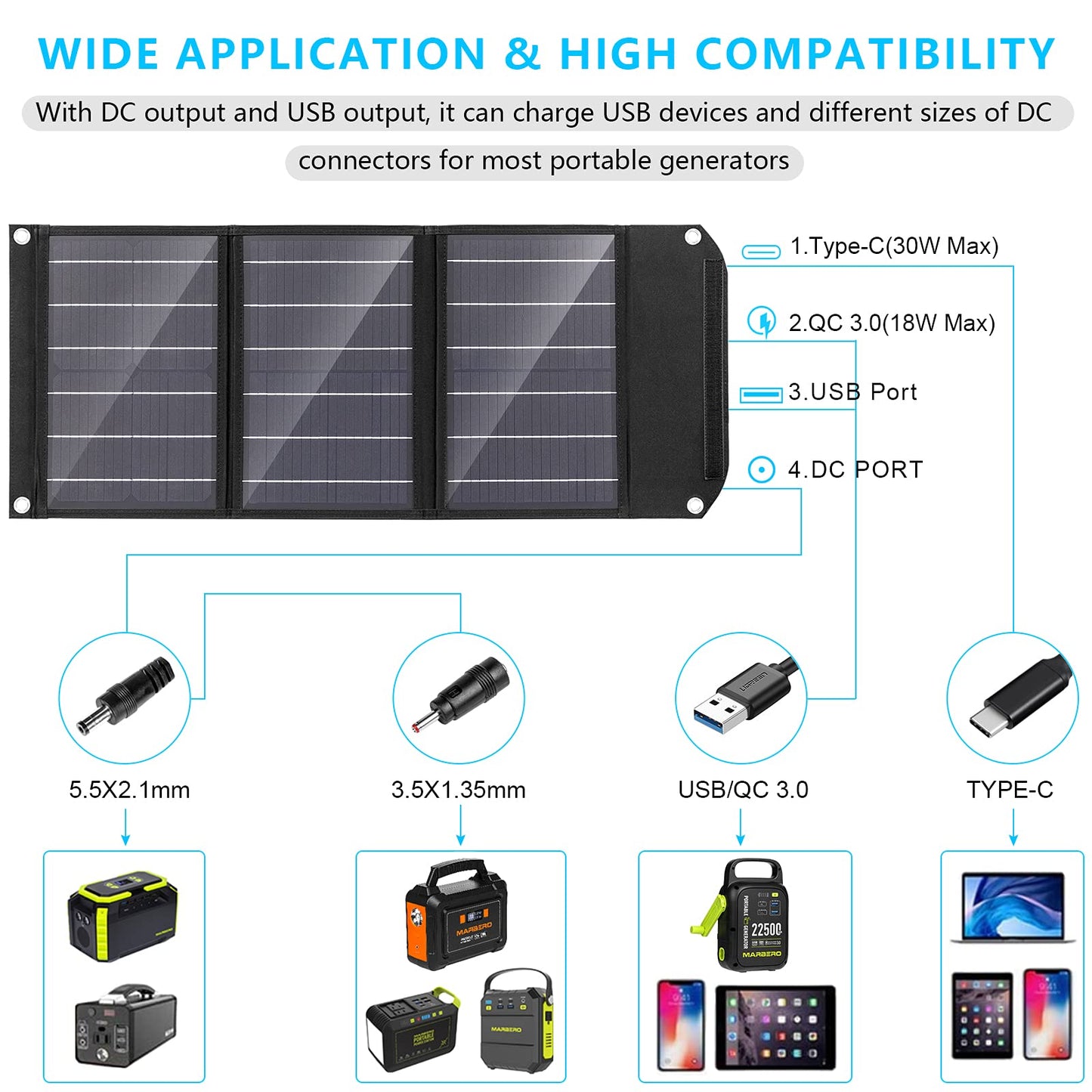 MARBERO 60W Portable Solar Panel 60 Watt Foldable Solar Panel for Solar Generators IP65 Waterproof 23% High Efficiency USB Port & DC Output(10 Changeable Adapters) for Outdoor Camping Travel Cloudy