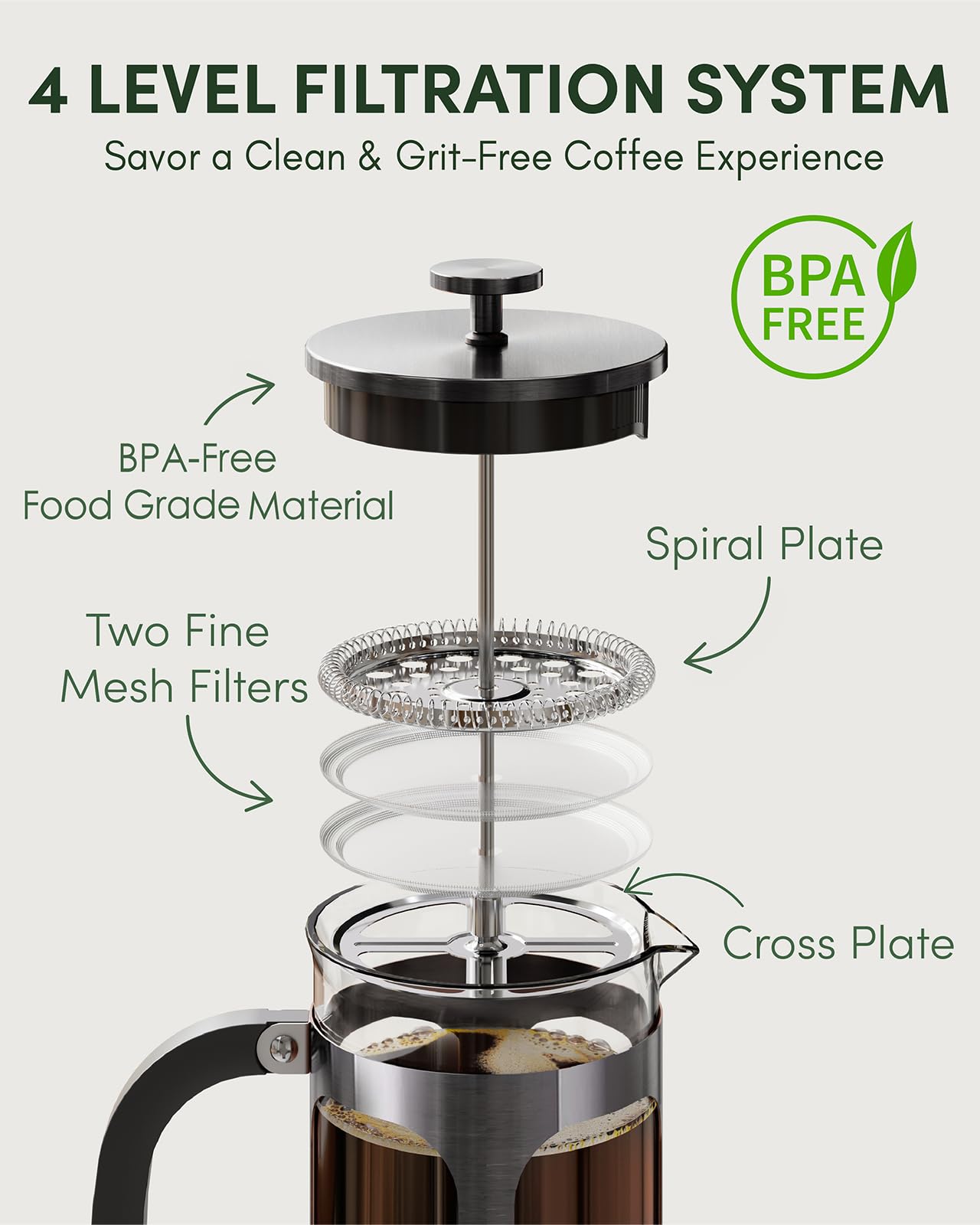 BAYKA French Press Coffee Maker, Large 304 Stainless Steel Coffee Press, Cold Brew Heat Resistant Thickened Borosilicate Coffee Pot for Camping Travel Gifts, 34 Ounce, Dark Pewter
