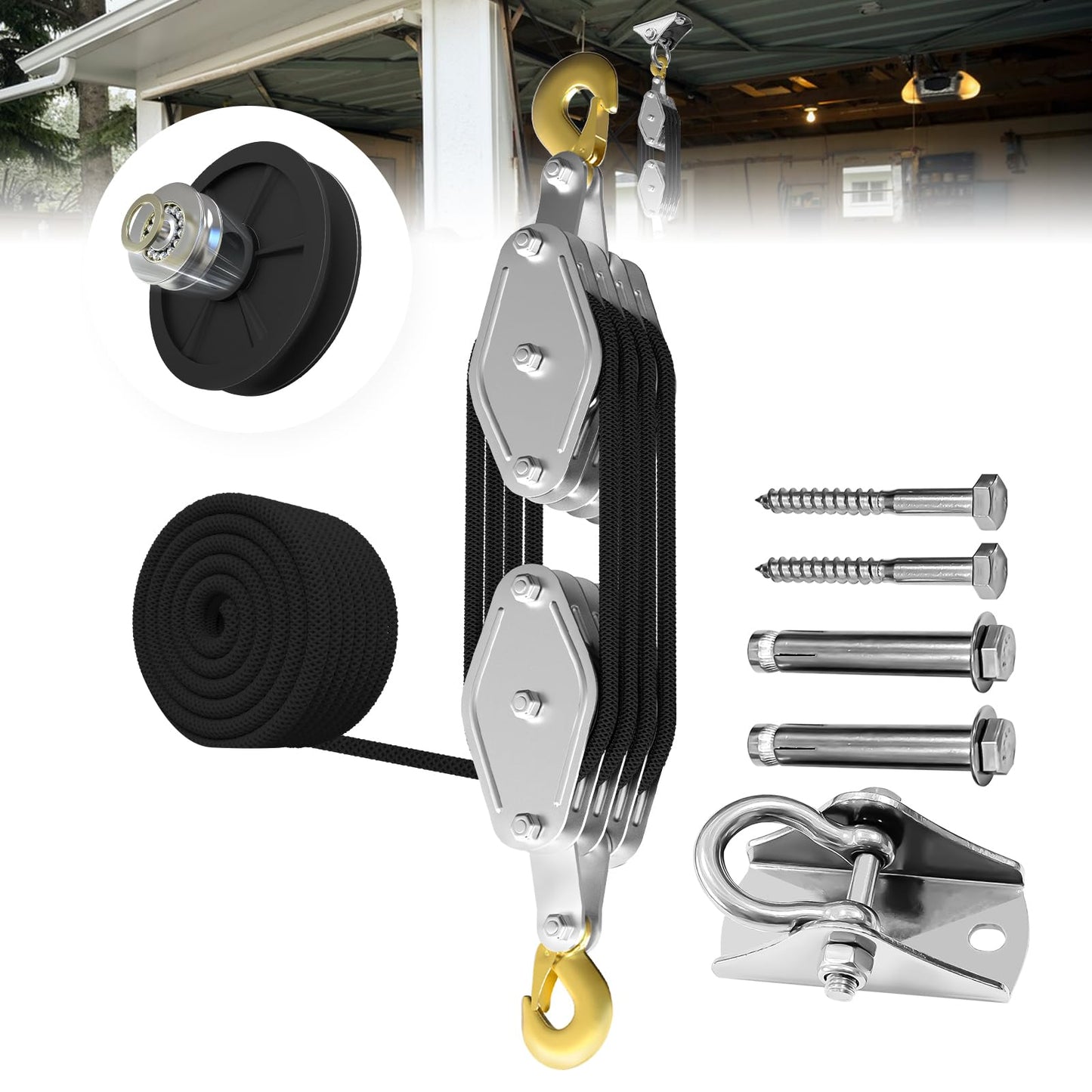 Rope Hoist Pulley System, 4400LB Pulley Block and Tackle, 8:1 Ratio Lifting Power 65ft, Heavy Duty Pulley Block for Lifting Pulling (with 2PCs Straps)