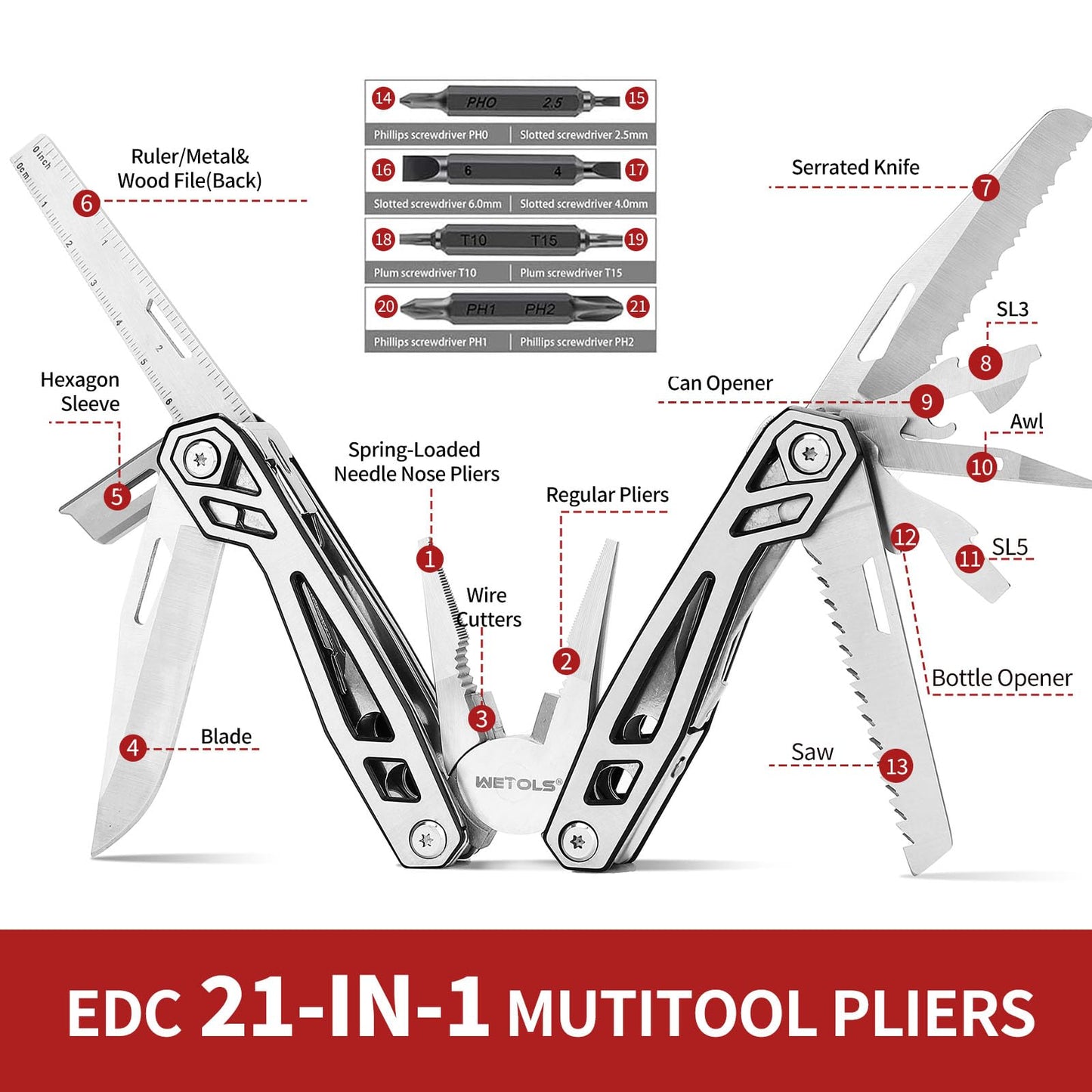 WETOLS Multitool with Pocket Knife, Birthday Gifts for Men Women Mom Dad, 21-in-1 Stainless Steel Pliers with Screwdrivers, Self-locking multitools with EDC Sheath, Ideal for Home, Camping, Survival